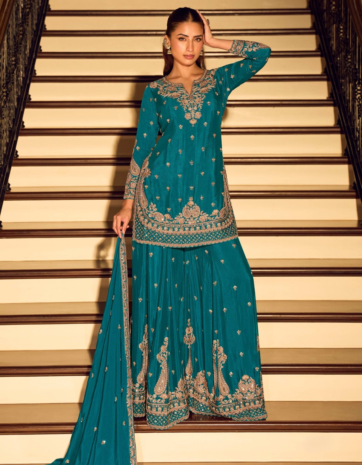 Teal Chinon Designer Suit Set With Elegant Embroidery