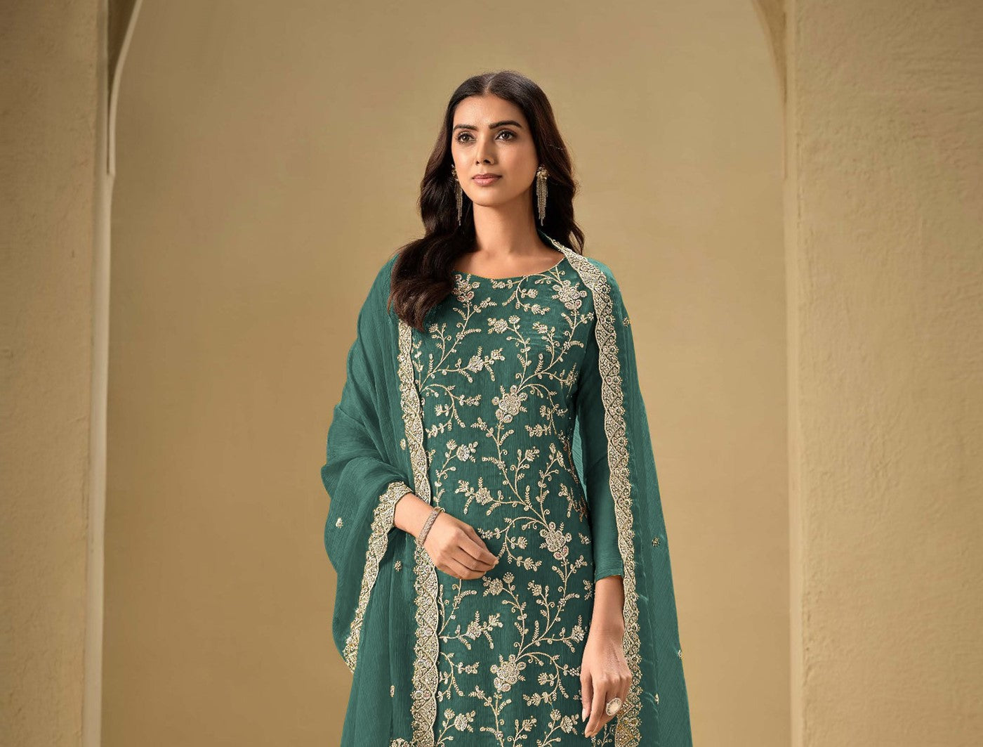 Teal Chinon Designer Suit Set With Elegant Embroidery