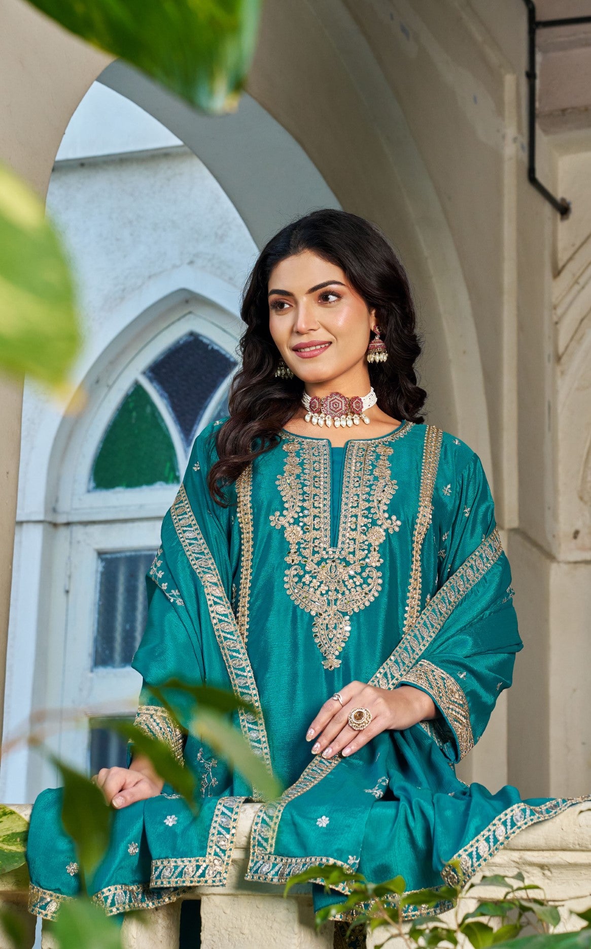 Teal Chinon Designer Suit Set With Elegant Embroidery