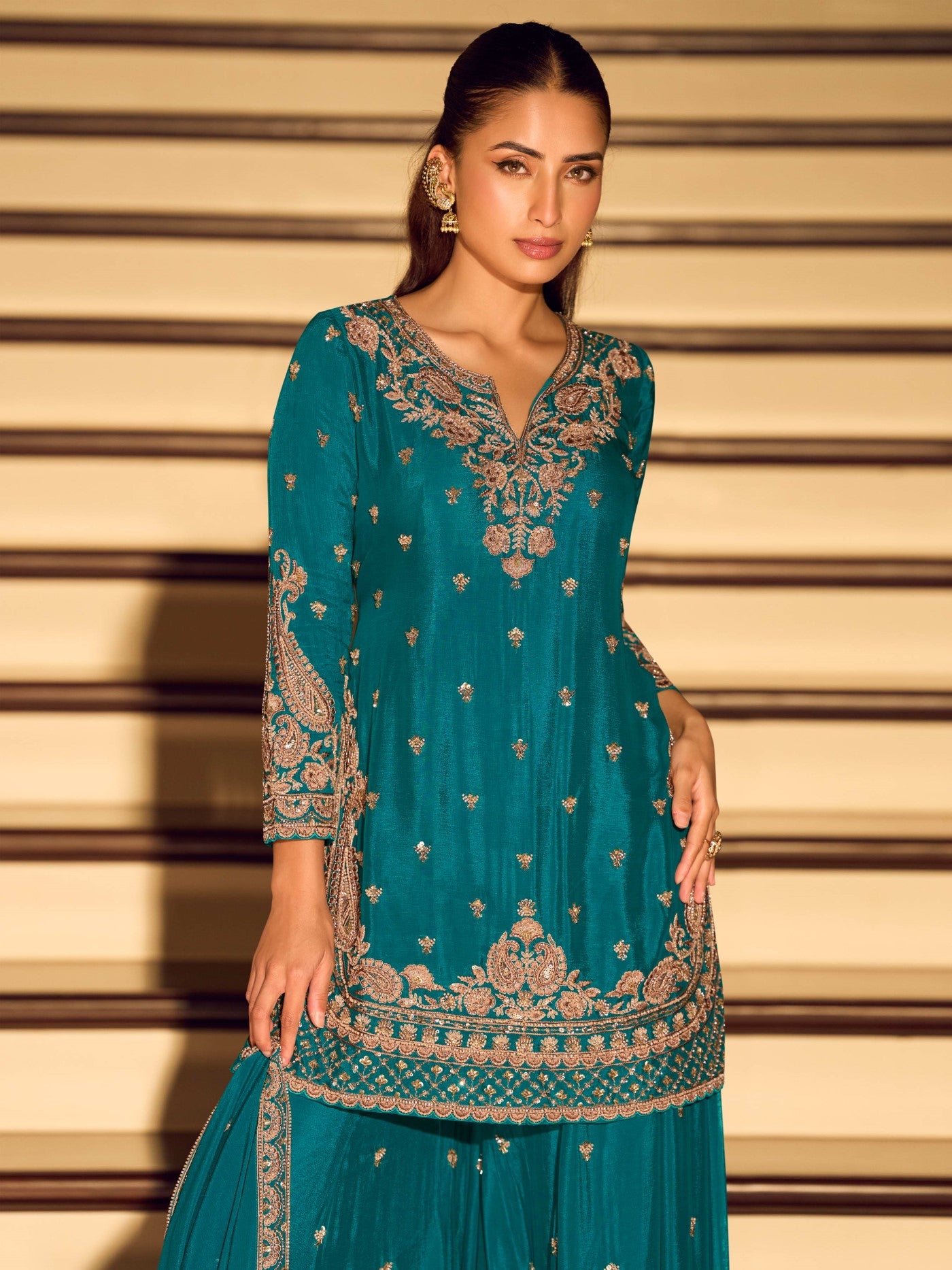 Teal Chinon Designer Suit Set With Elegant Embroidery