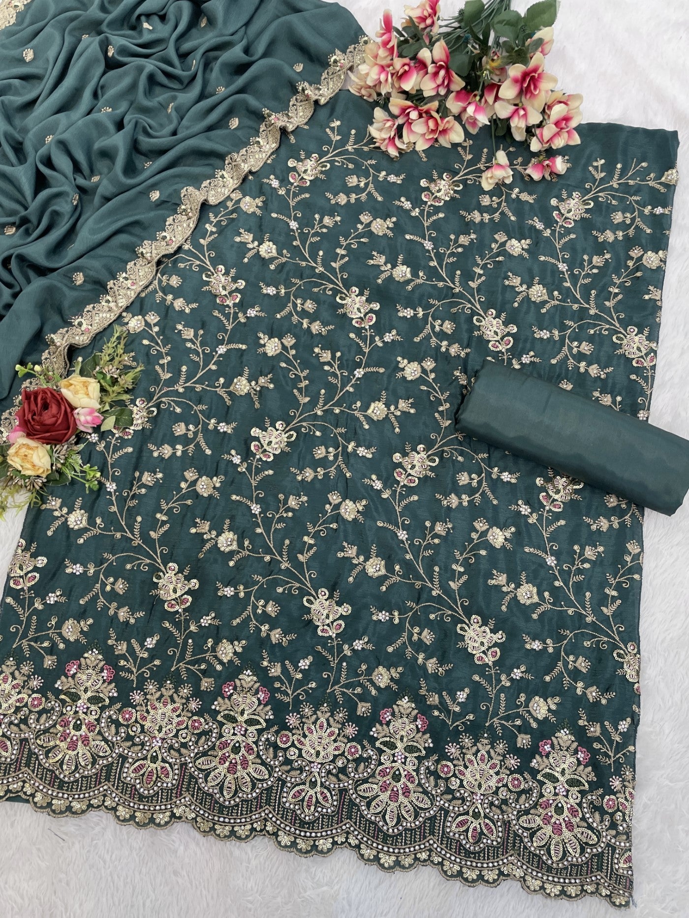 Teal Chinon Designer Suit Set With Elegant Embroidery