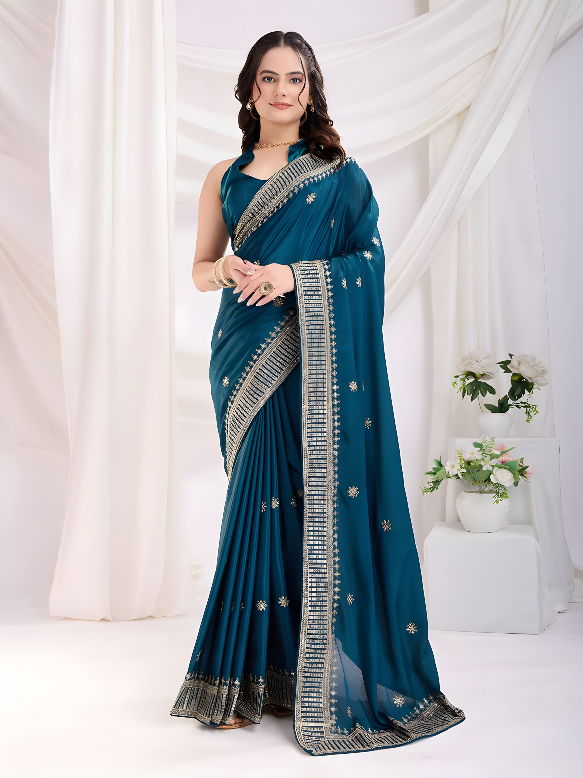 Teal Chinon Silk Saree with Cbpallu all Over Embroidery and Sequins Work
