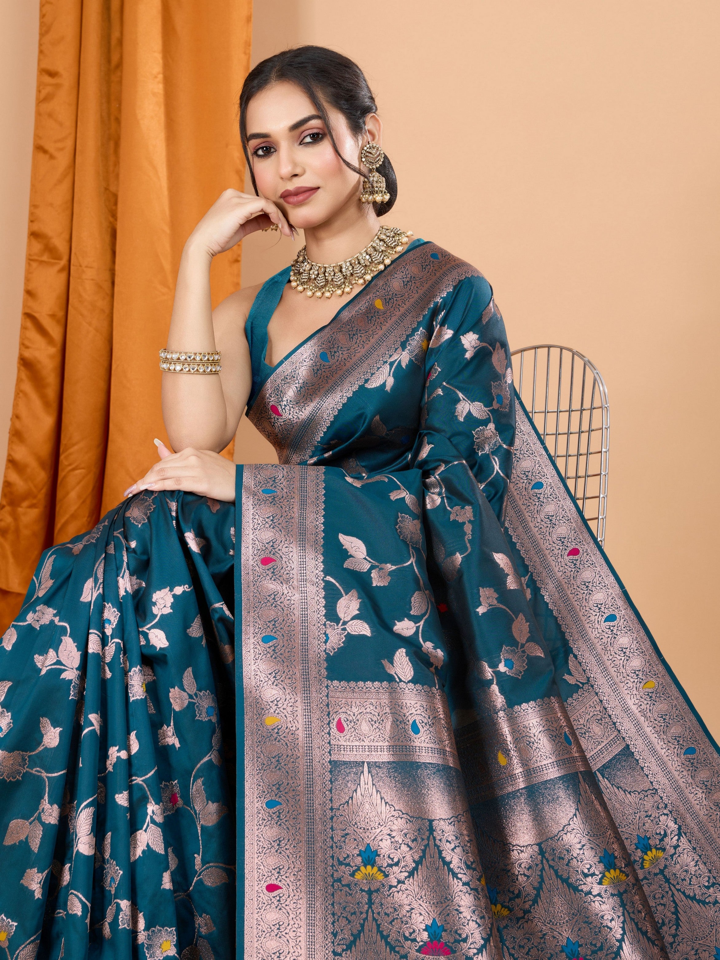 Teal Ethnic Banarasi Silk Saree With Woven Jari Designer Work