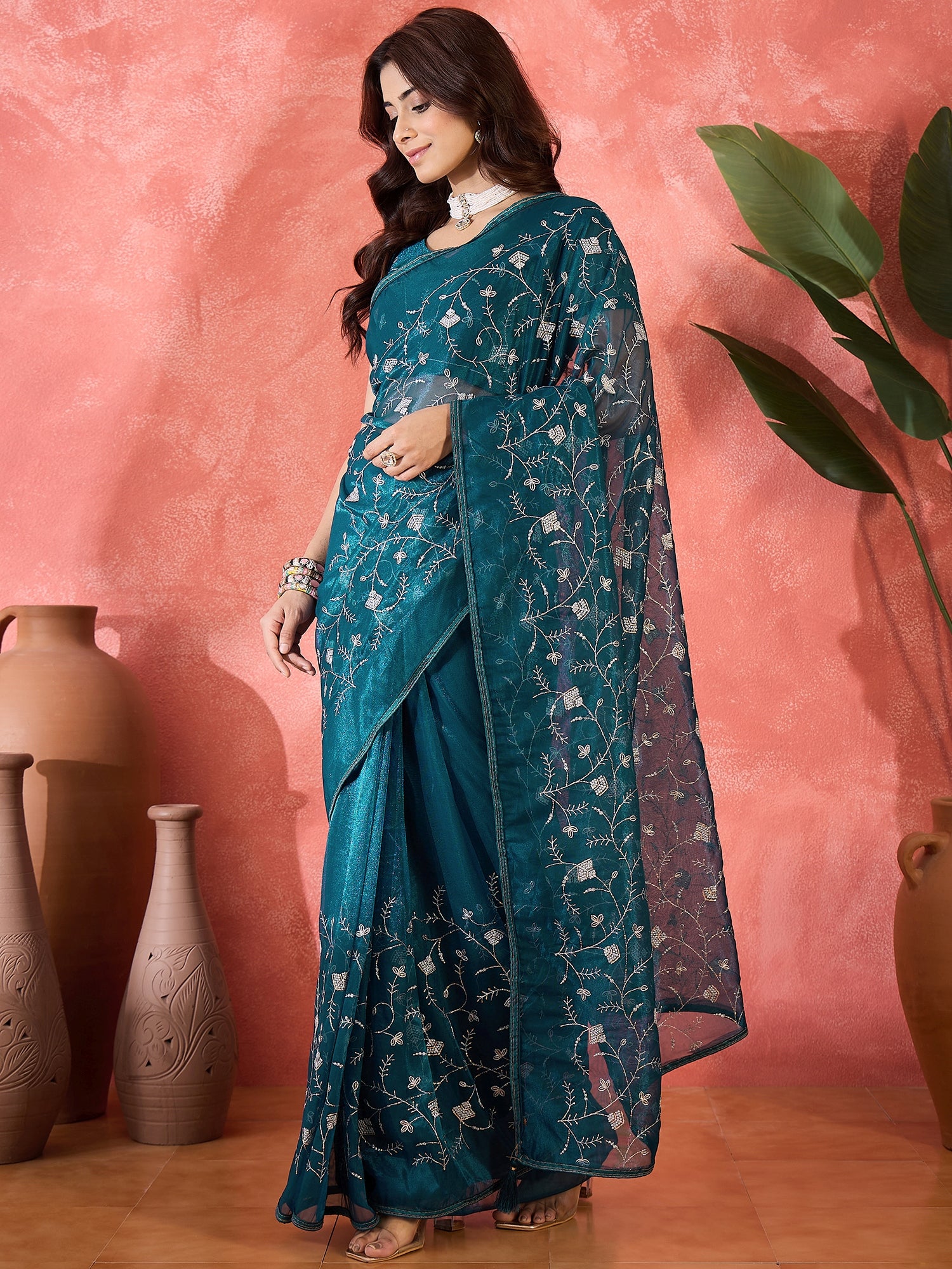Teal Fancy Twill Net Sequins Embroidery Work Ceremonial Saree