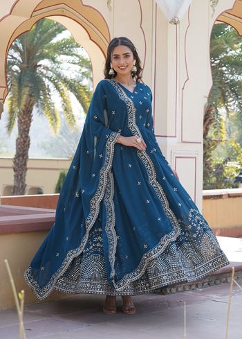 Teal Faux Georgette Suit With Print