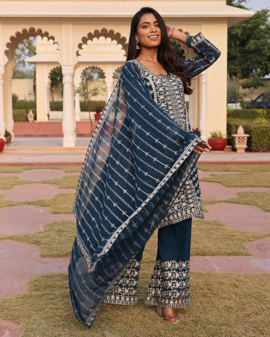 Teal Georgette Designer Suit Set With Handcrafted Embroidered Accents