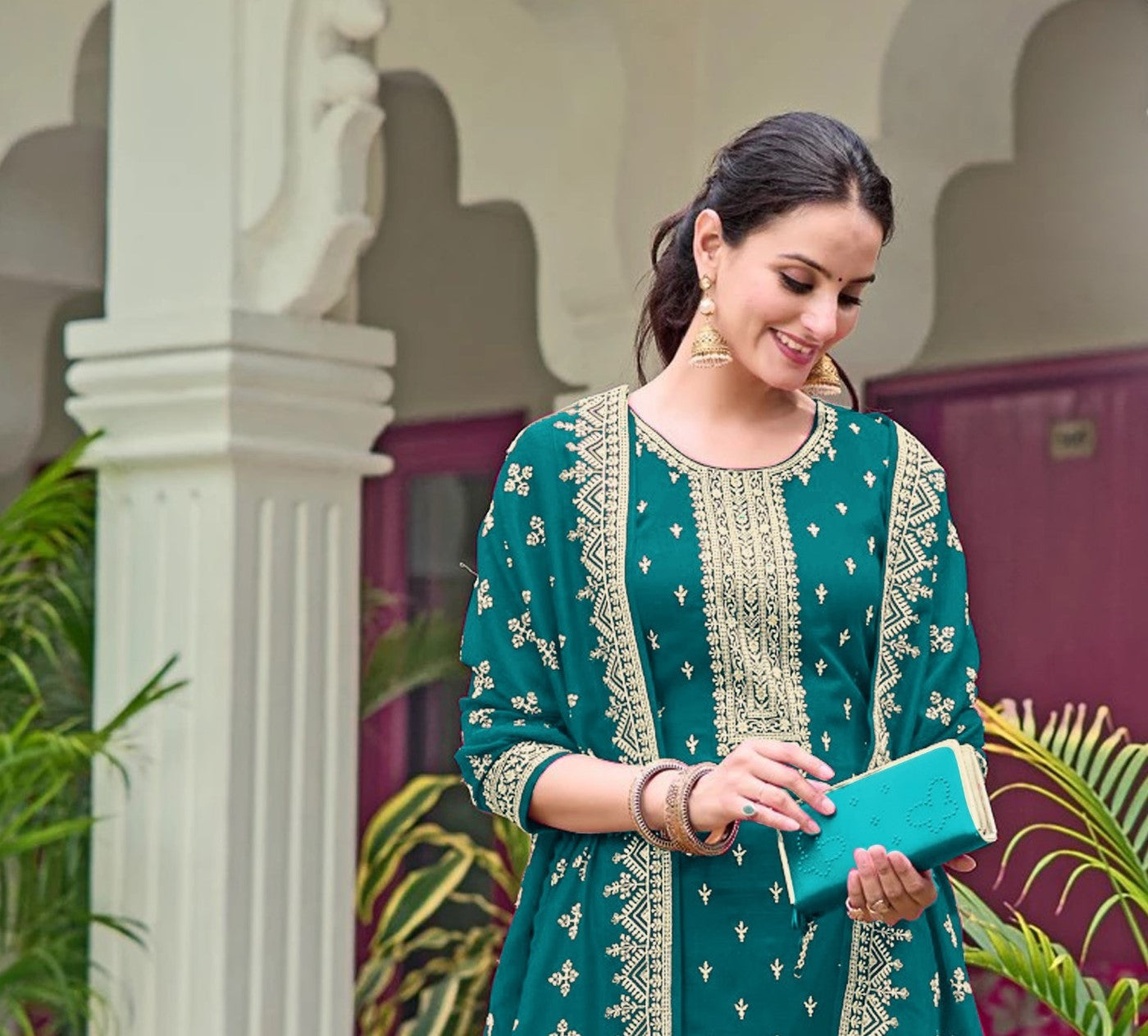 Teal Georgette Designer Suit Set With Intricate Embroidery