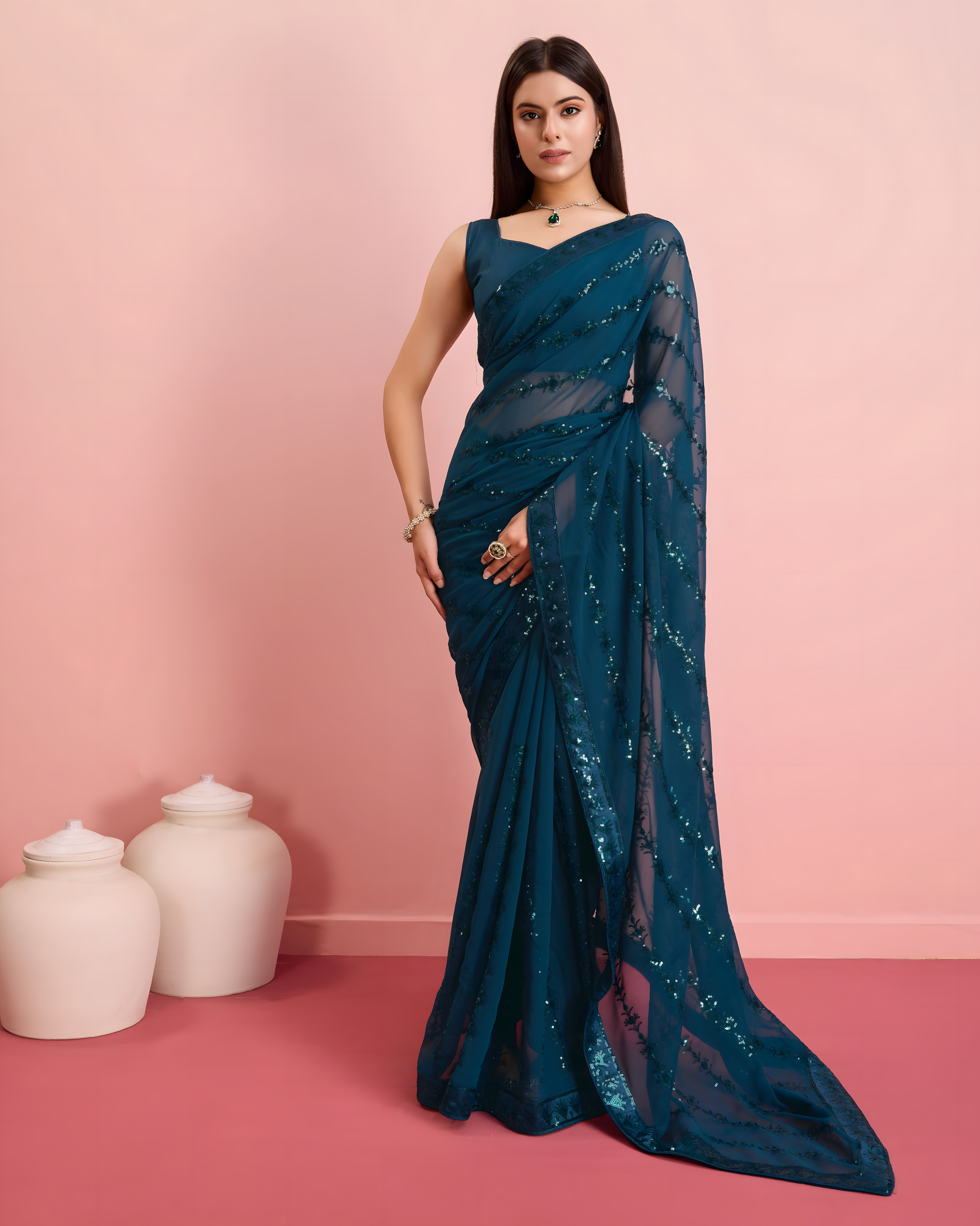 Teal Georgette Saree with 3mm sequence with threads work with lace border Work