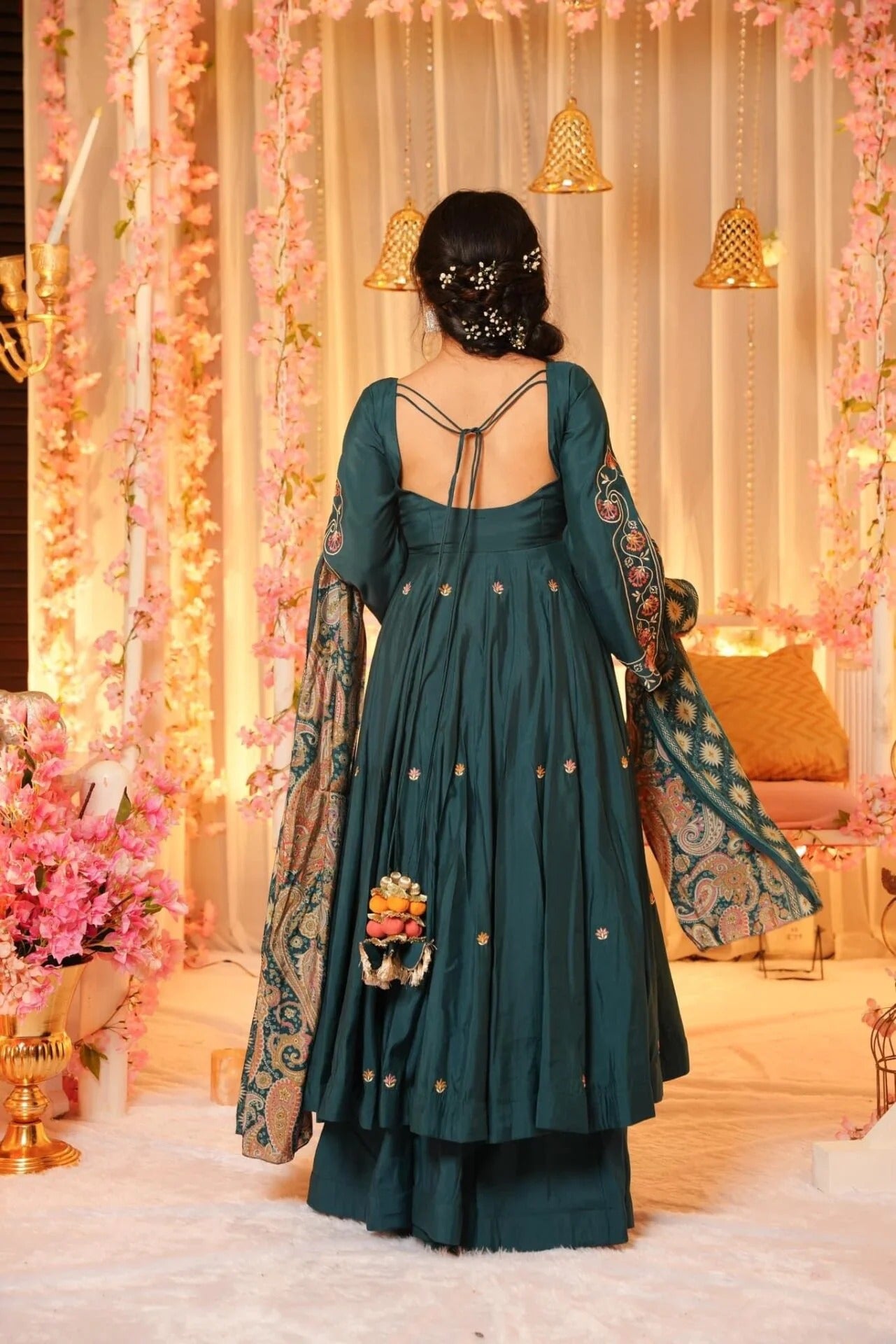Teal Green Chanderi Kurta Sharara Set With Heavy Thread Embroidery Work With Printed Dupatta