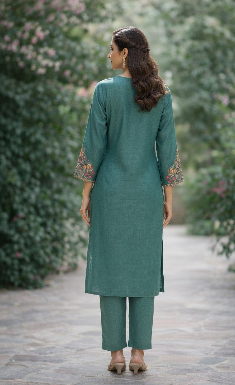 Teal Green Cotton Silk Designer Suit Set With Handcrafted Embroidery