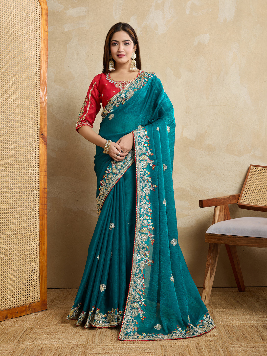 Teal Green Designer Embroidery Work Frendy Chiffon Wedding Ceremony Special Saree