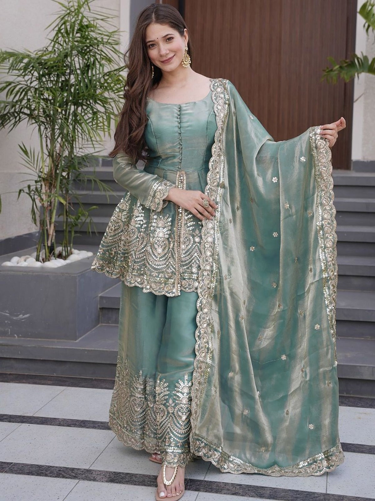 Teal Green Fandy Silk Kurta With Sharara Set With Heavy Thread Embroidery Work