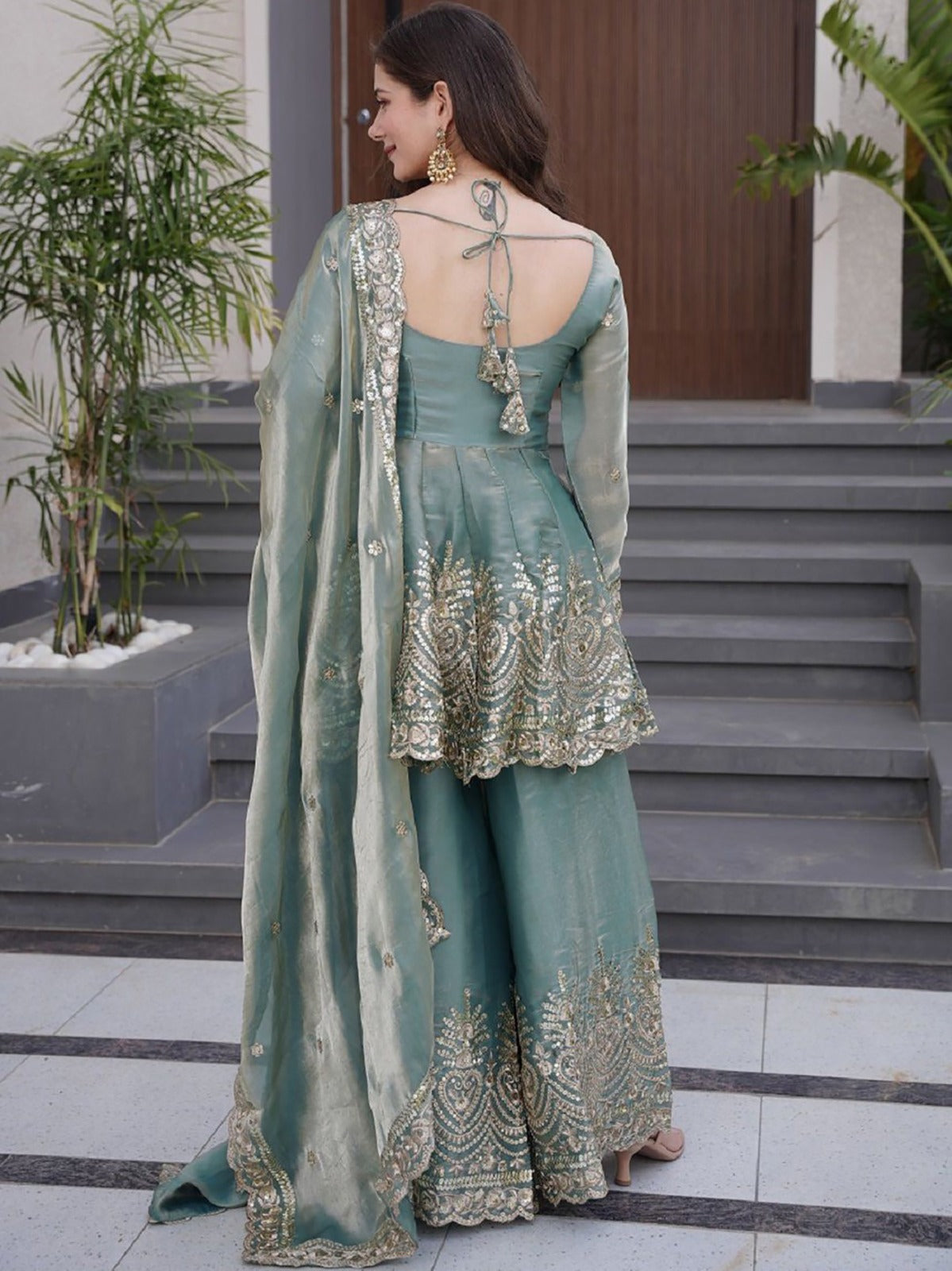 Teal Green Fandy Silk Kurta With Sharara Set With Heavy Thread Embroidery Work