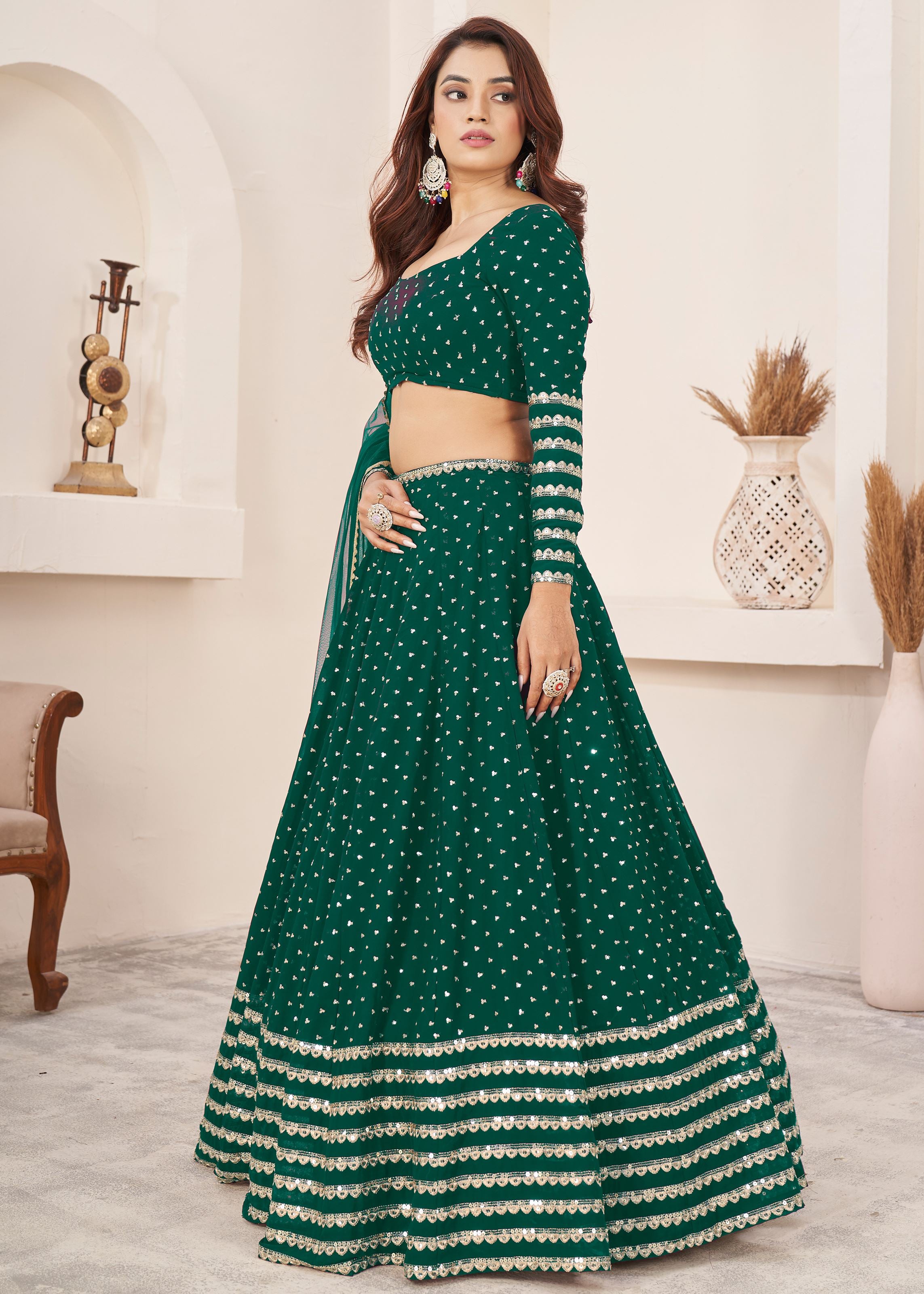 Teal Green Georgette Lehenga Choli With Sequins Zari Embroidered Work