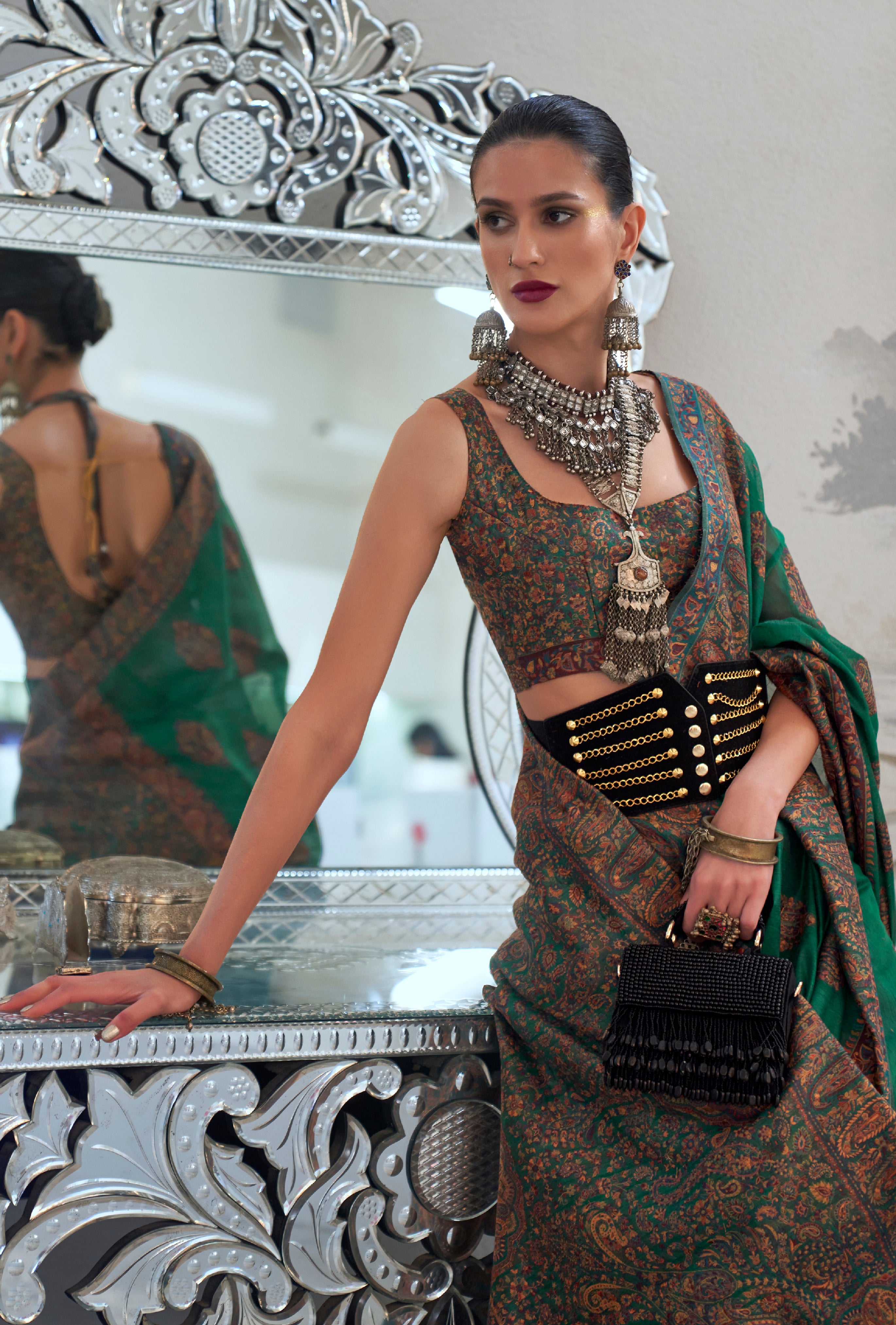 Teal Green Kashmiri Silk Saree with Woven Work