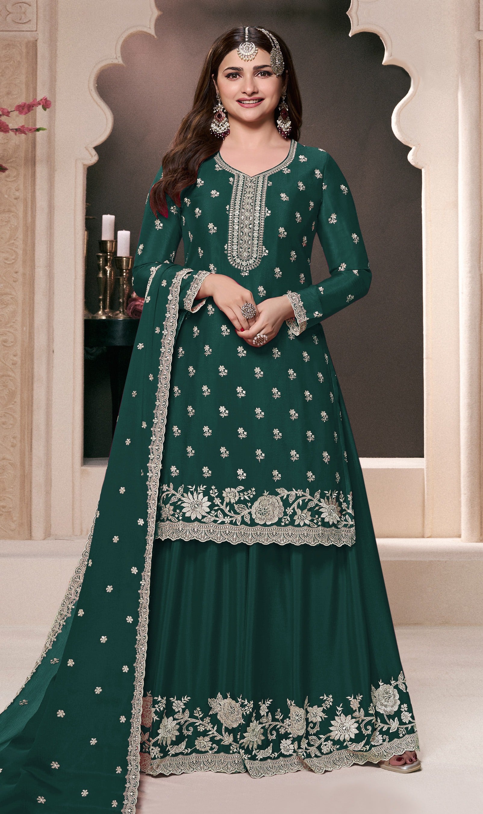 Teal Green Palazzo Style Salwar Suit With Heavy Embroidery Work