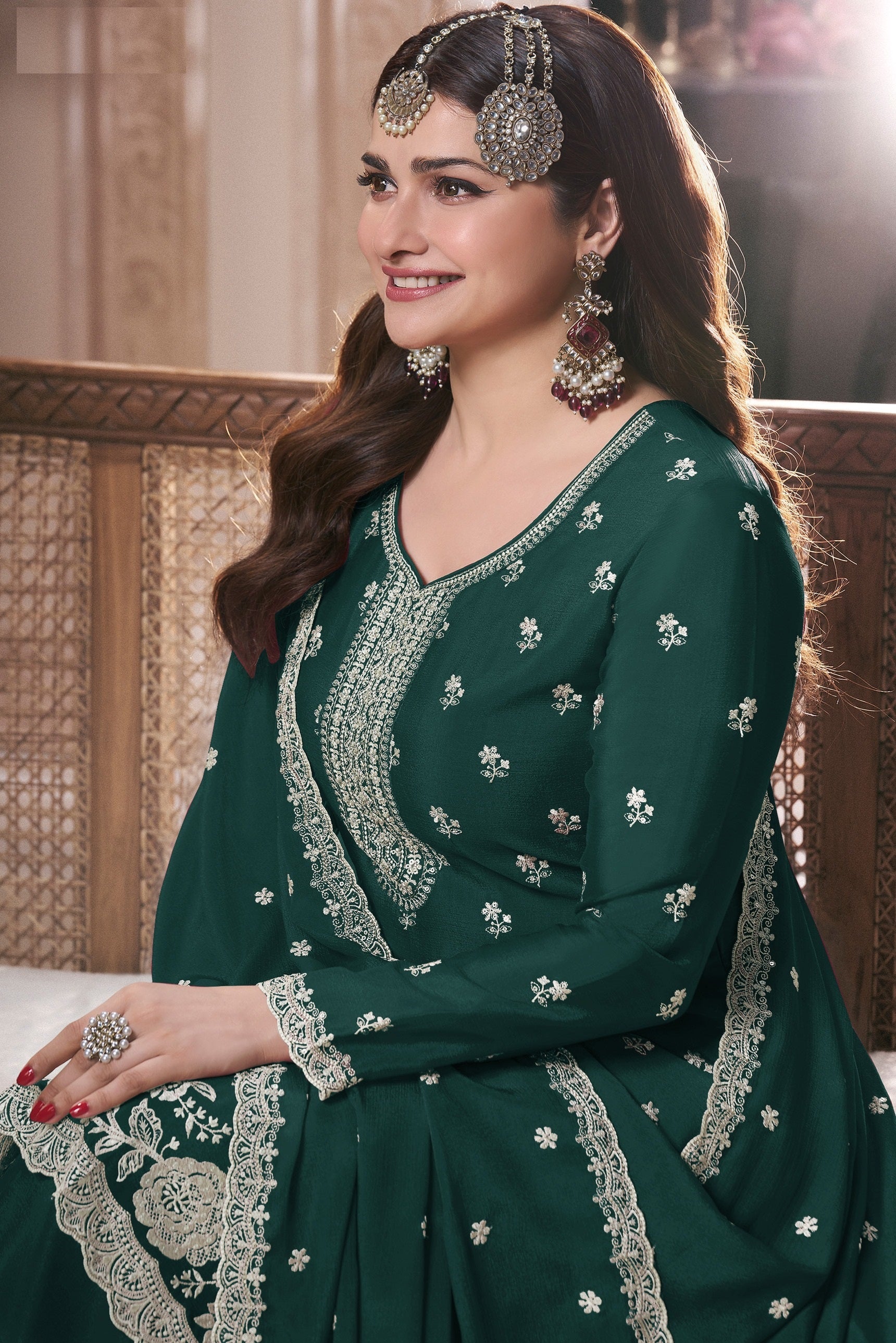 Teal Green Palazzo Style Salwar Suit With Heavy Embroidery Work