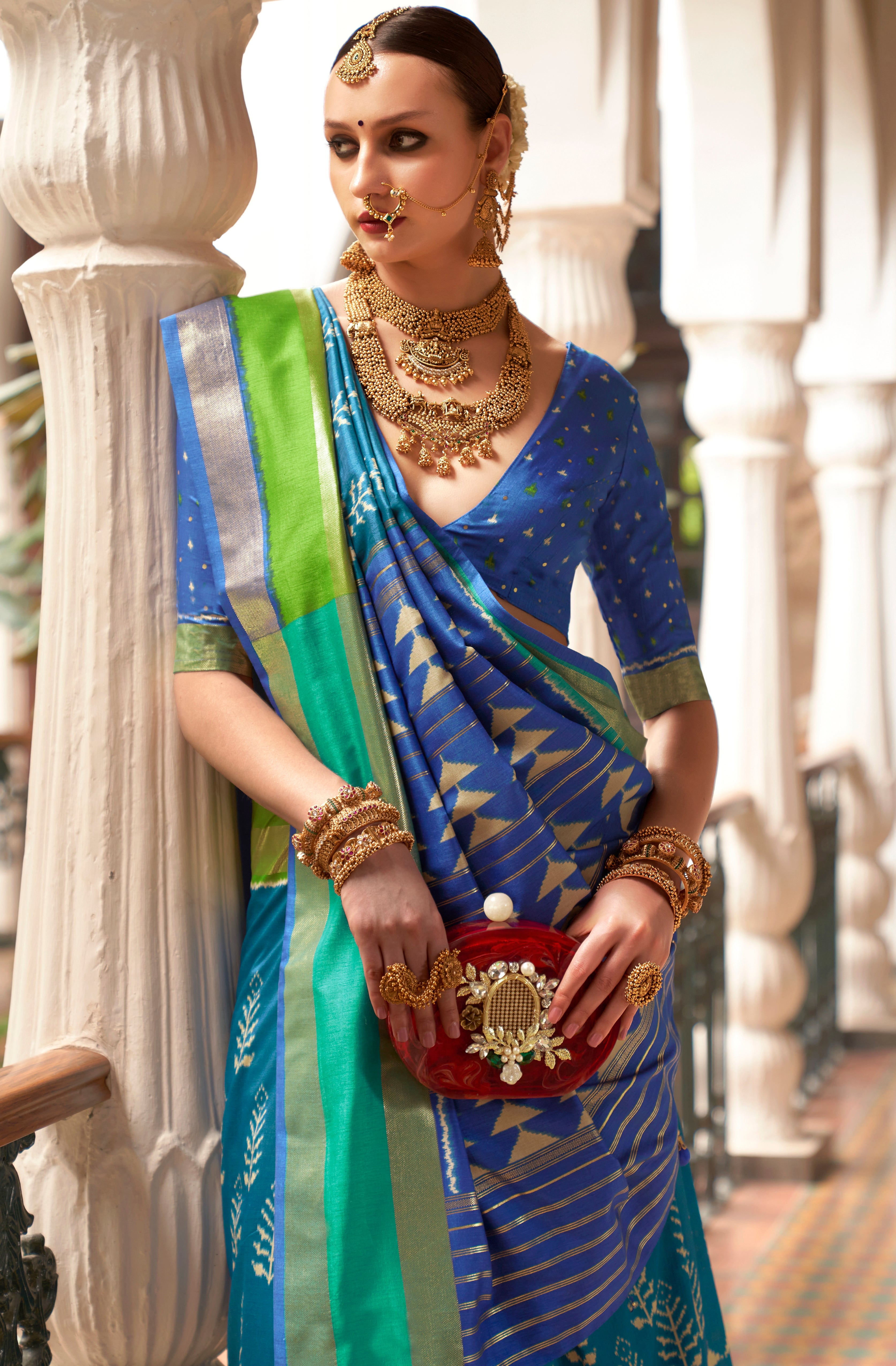 Teal Green Patola Silk Saree with Printed