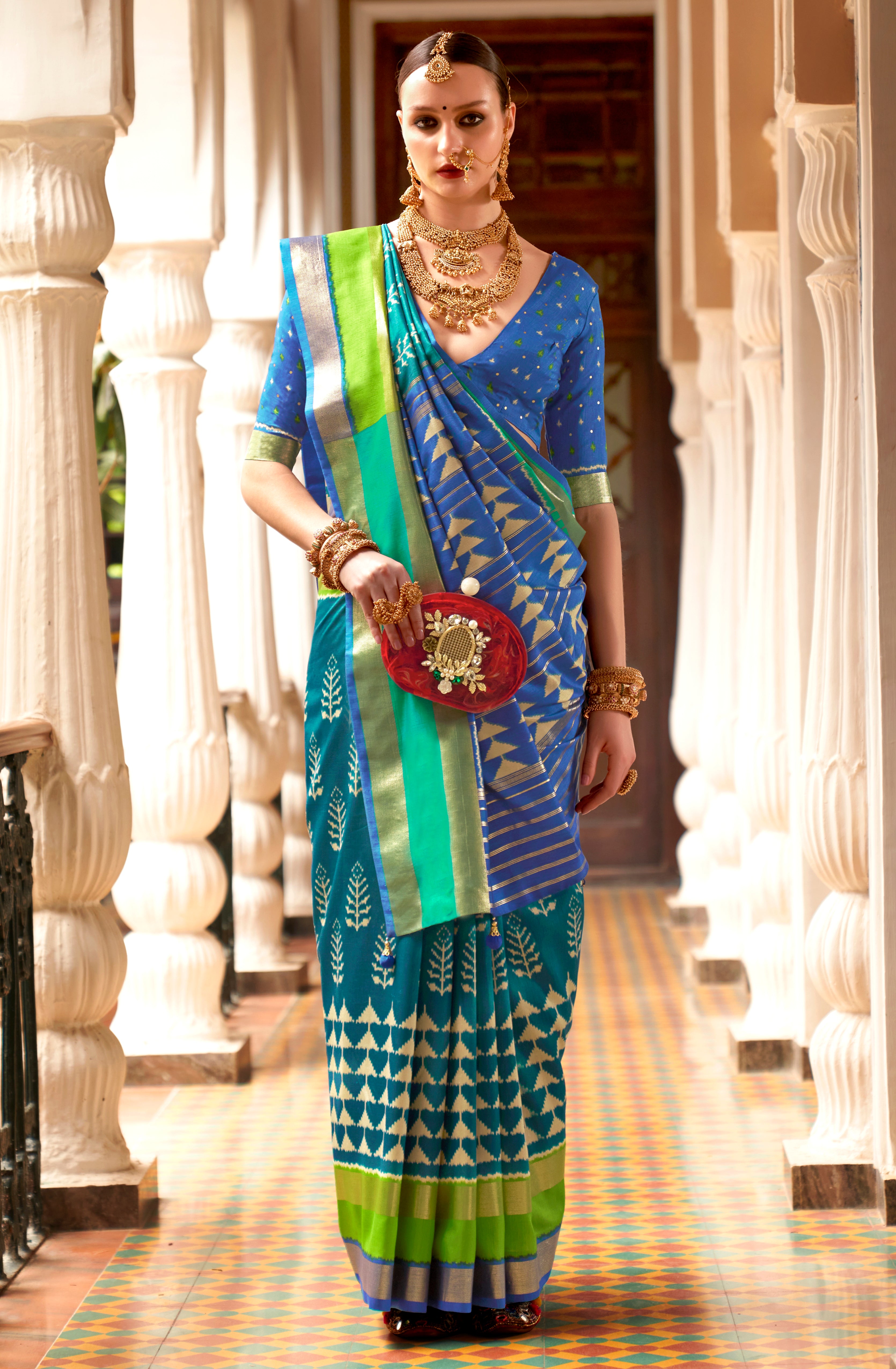 Teal Green Patola Silk Saree with Printed
