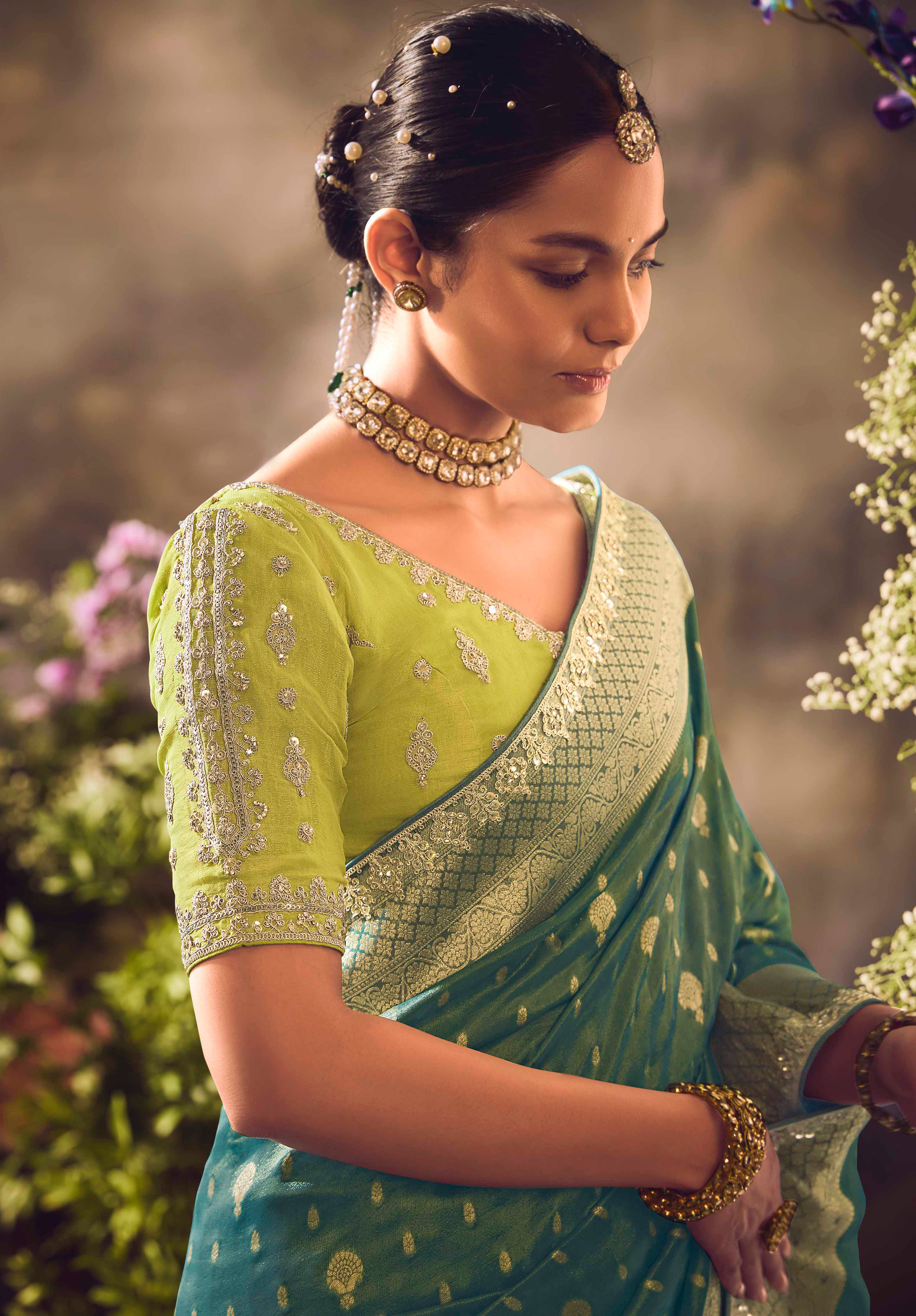 Teal Green Saree With Jacquard Woven Work with Embroidered Lace Border