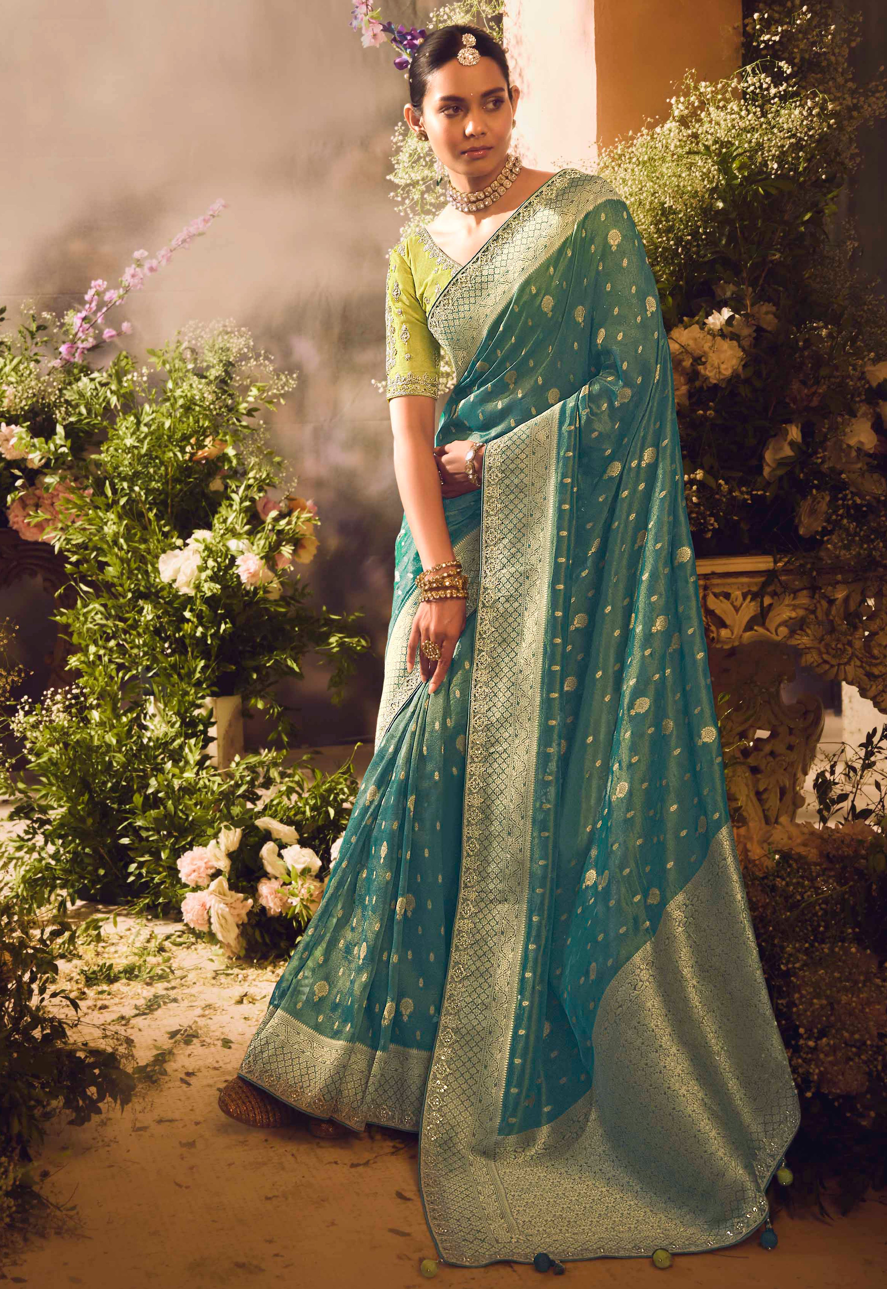 Teal Green Saree With Jacquard Woven Work with Embroidered Lace Border