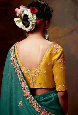 Teal Green Saree with Heavy Thread Embroidery Sequins Work and Embroidery Blouse
