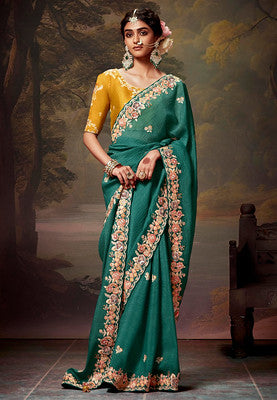 Teal Green Saree with Heavy Thread Embroidery Sequins Work and Embroidery Blouse