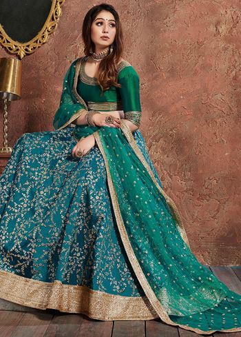 Teal Green Sequins Art Silk Wedding Lehenga Choli With Dupatta