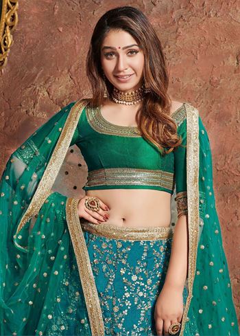 Teal Green Sequins Art Silk Wedding Lehenga Choli With Dupatta