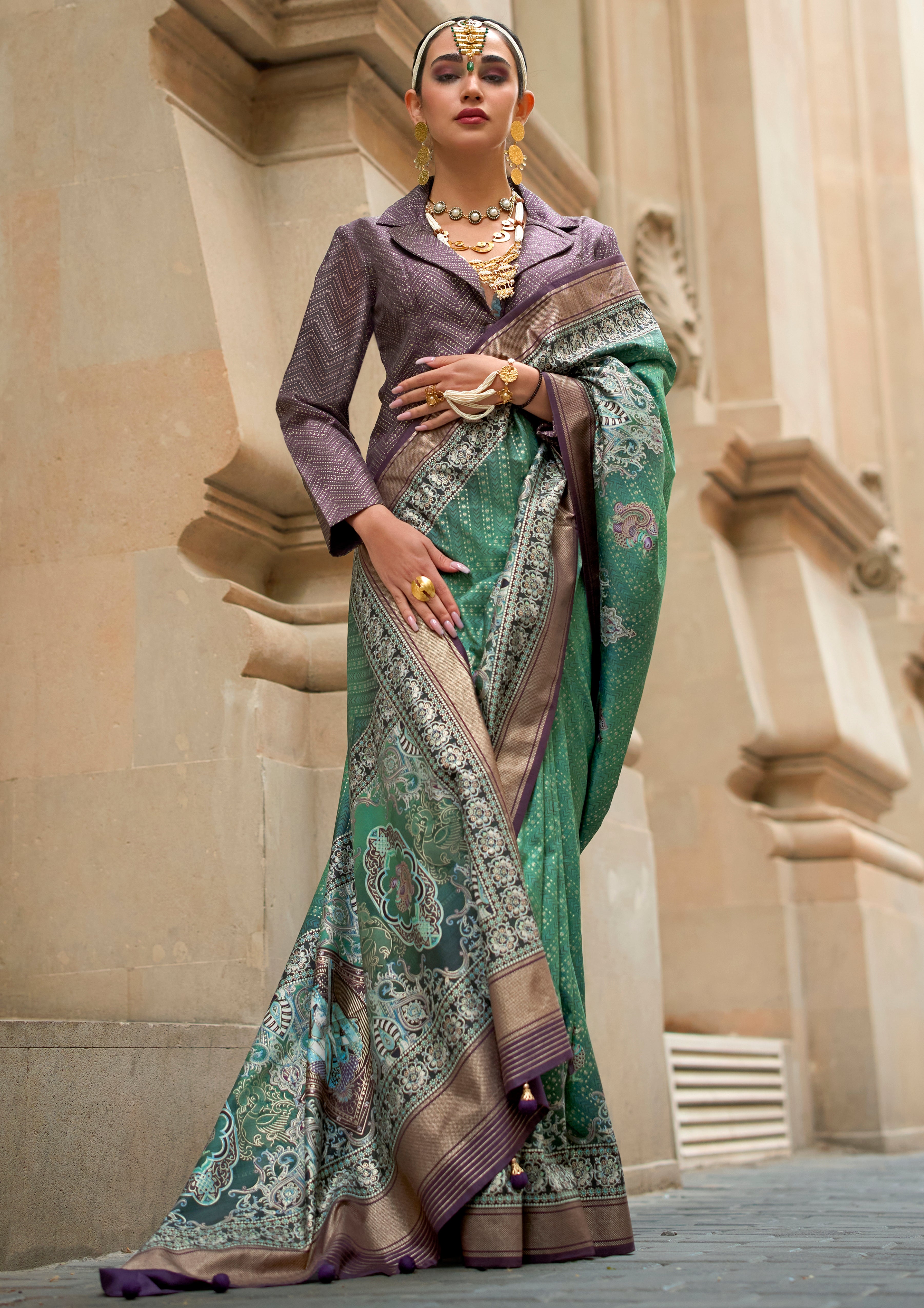Teal Green Silk Saree With Foil Print