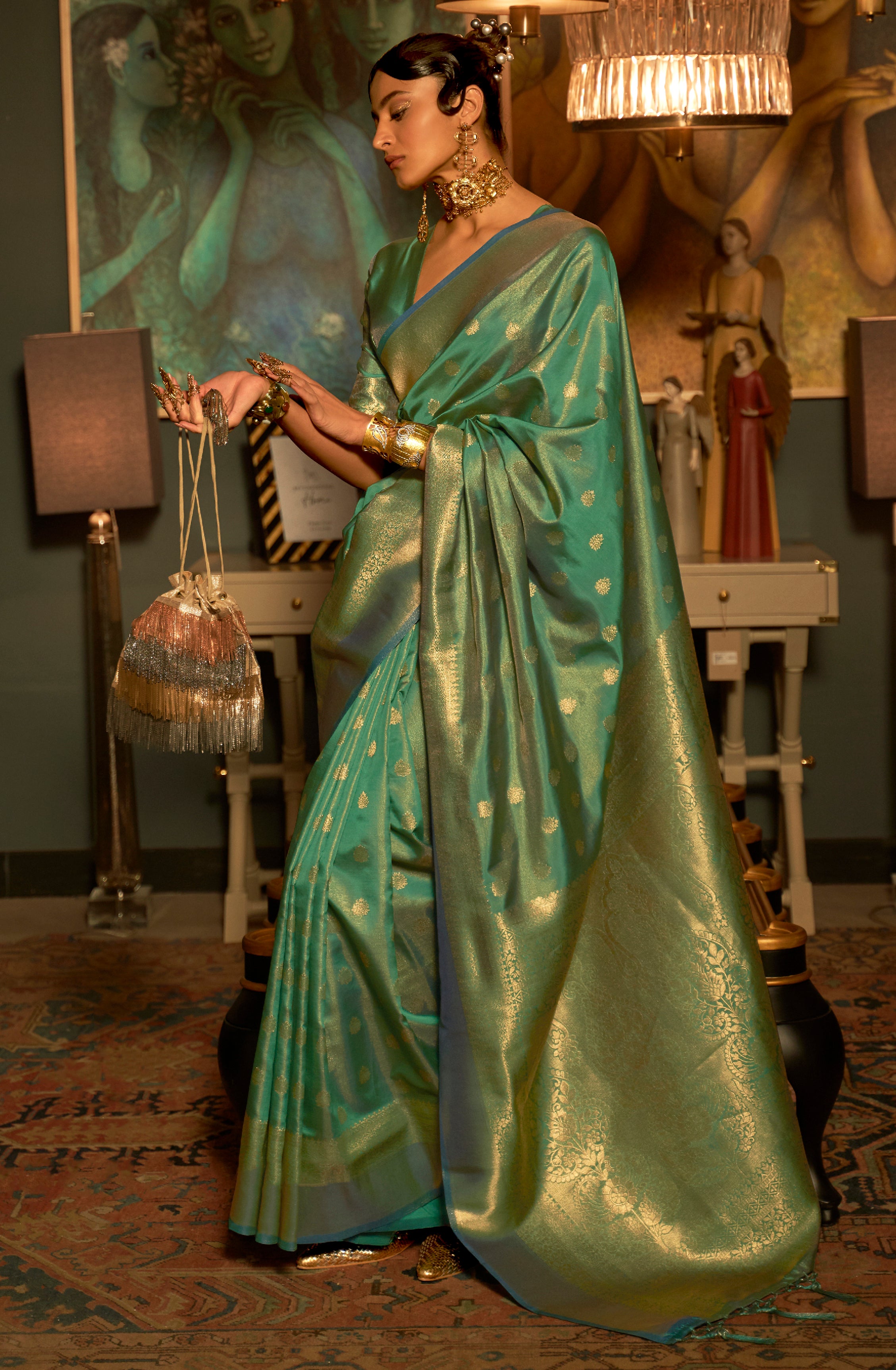 Teal Green Silk Saree with Jacquard Woven Work