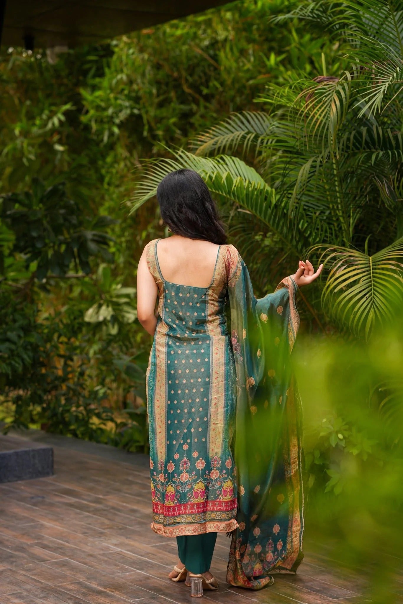 Teal Green Zarna Silk Kurta Pant Set Printed