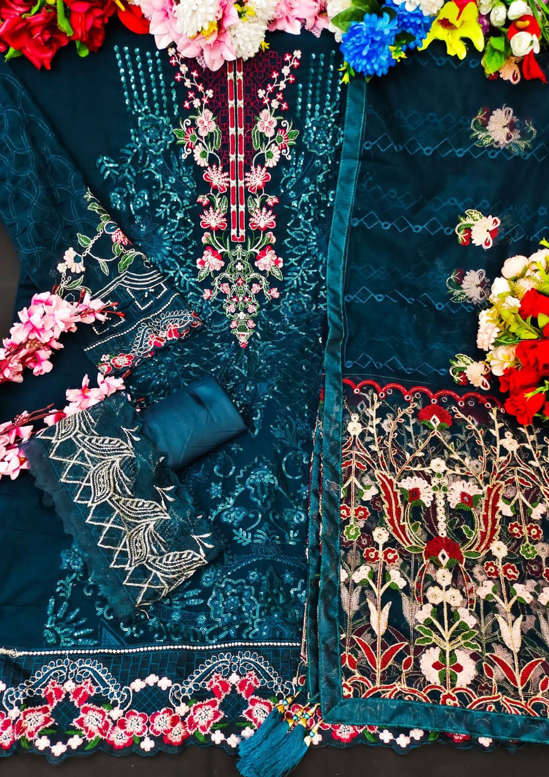 Teal Heavy Designer Suit With Heavy Embroidery Work