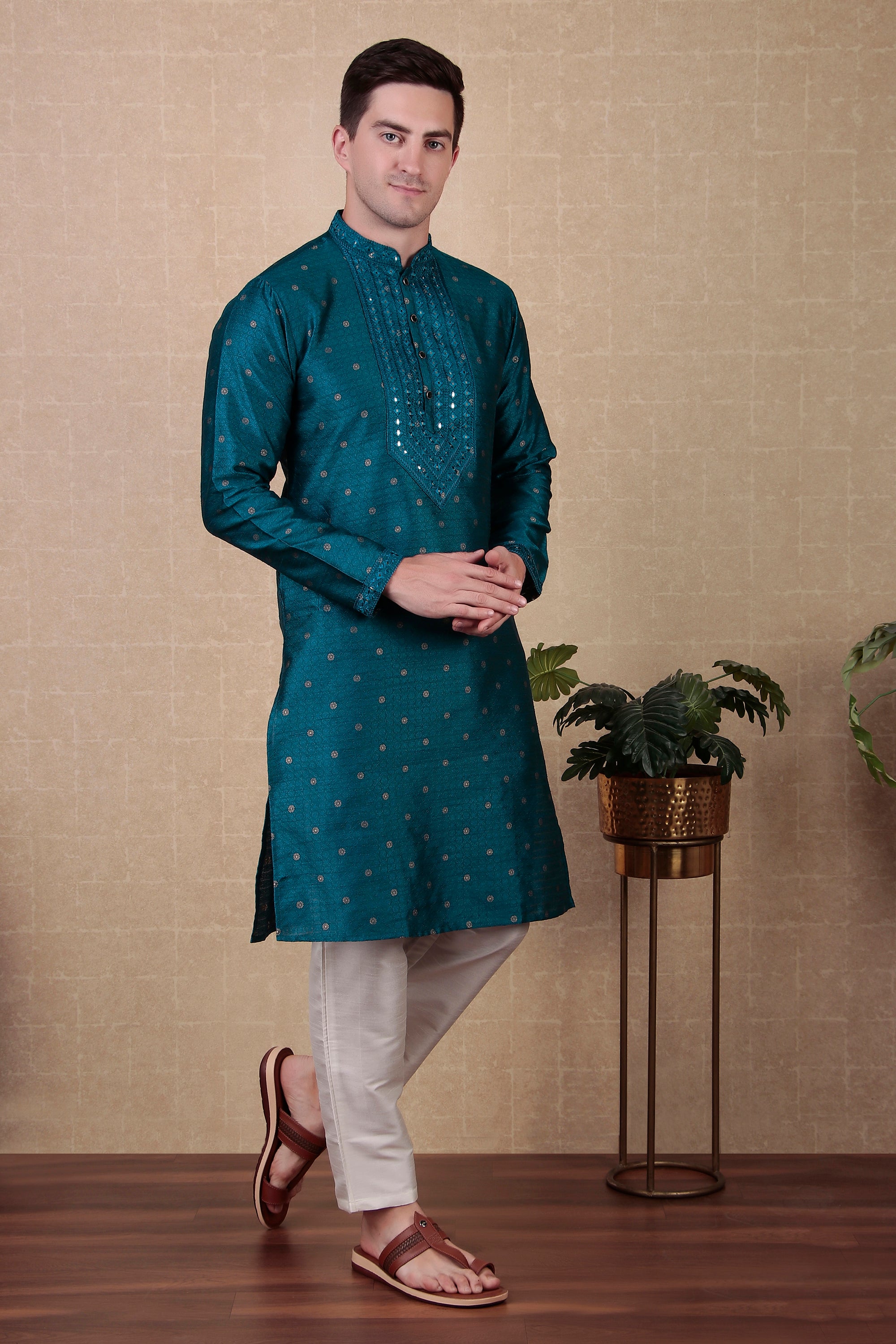 Teal Jacquard Silk Kurta Payjama – Unique and Stylish