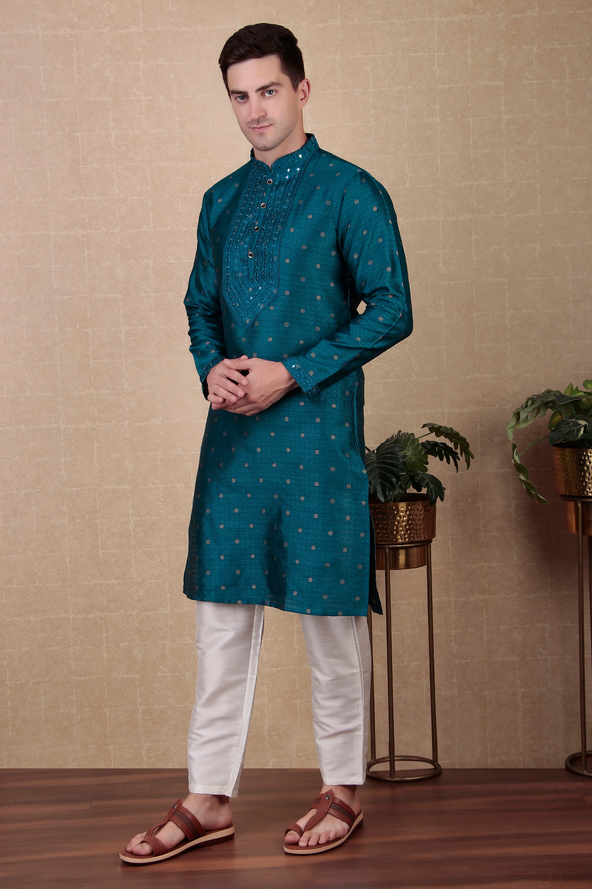 Teal Jacquard Silk Kurta Payjama – Unique and Stylish