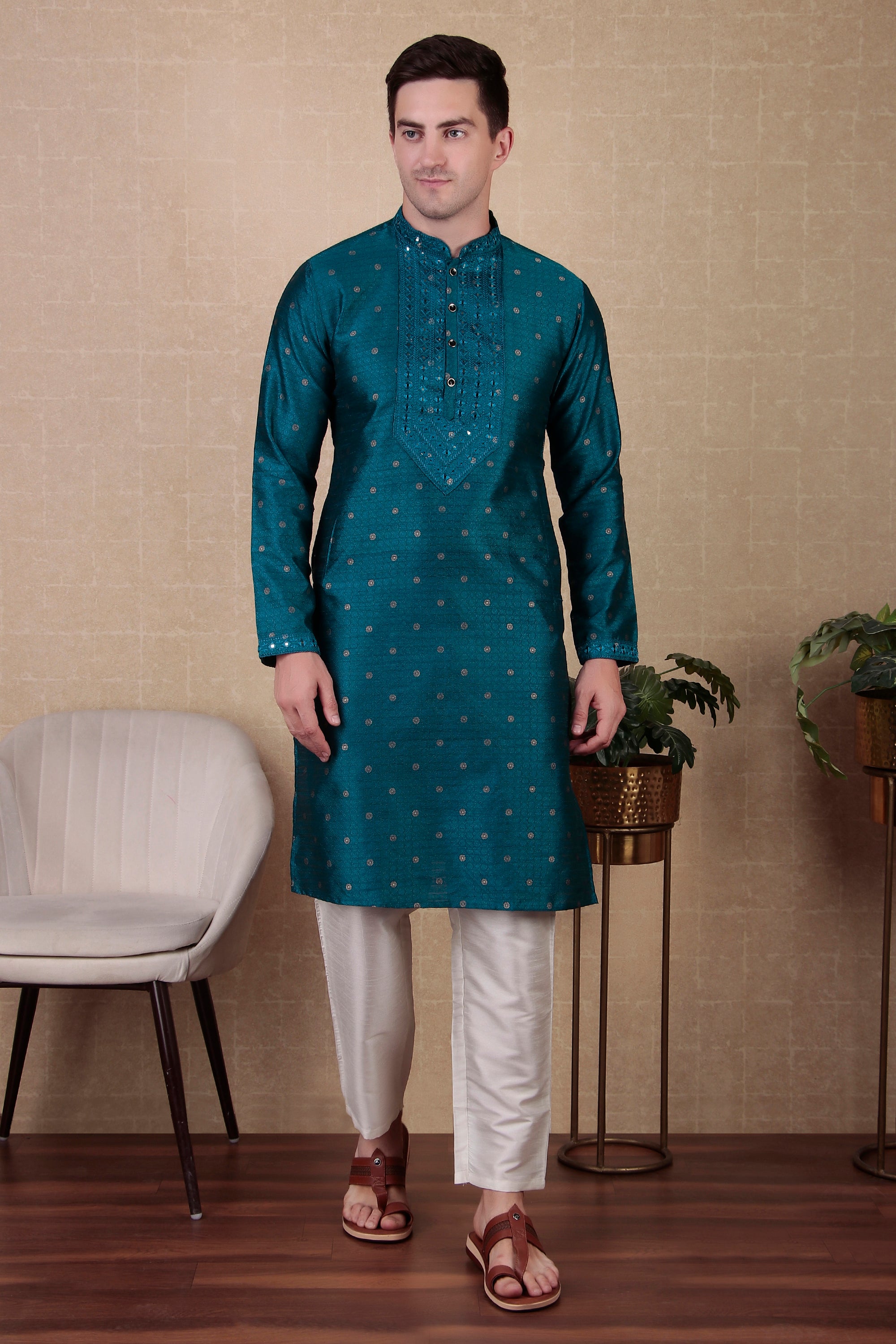 Teal Jacquard Silk Kurta Payjama – Unique and Stylish