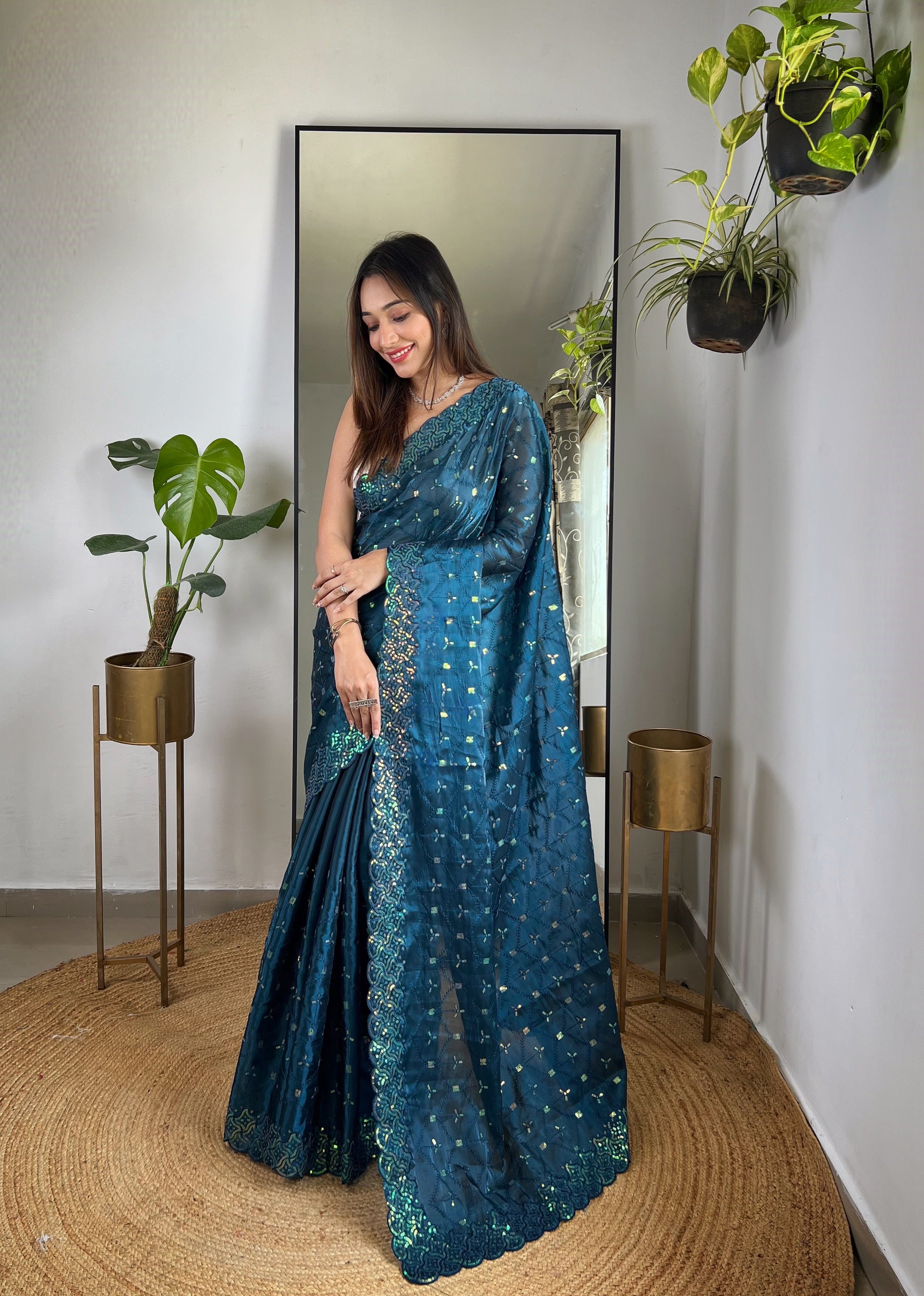 Teal Jimmy Choo Fabric Designer Bollywood Sequins Work Saree