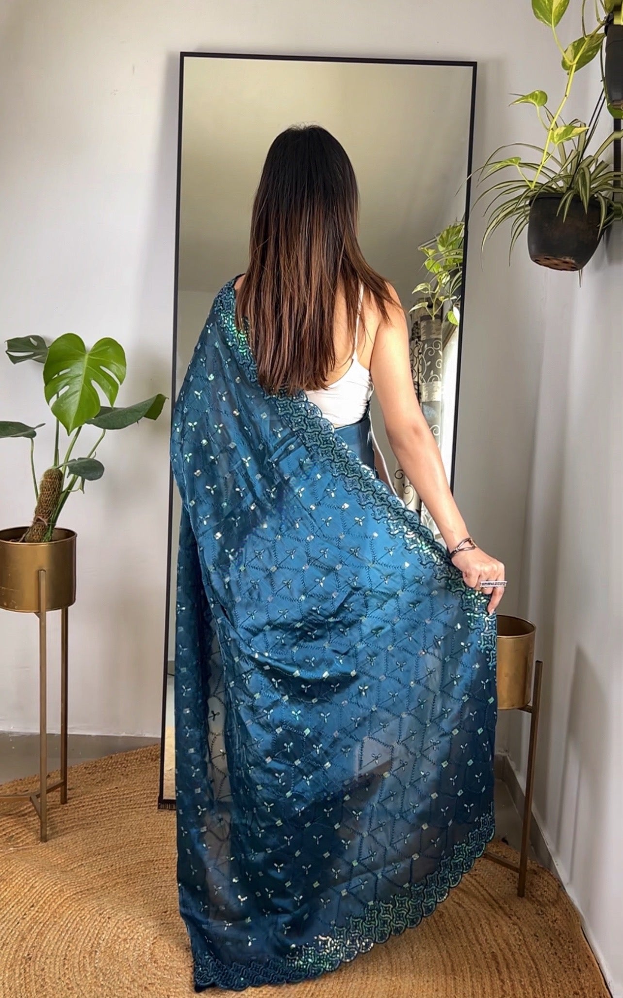 Teal Jimmy Choo Fabric Designer Bollywood Sequins Work Saree