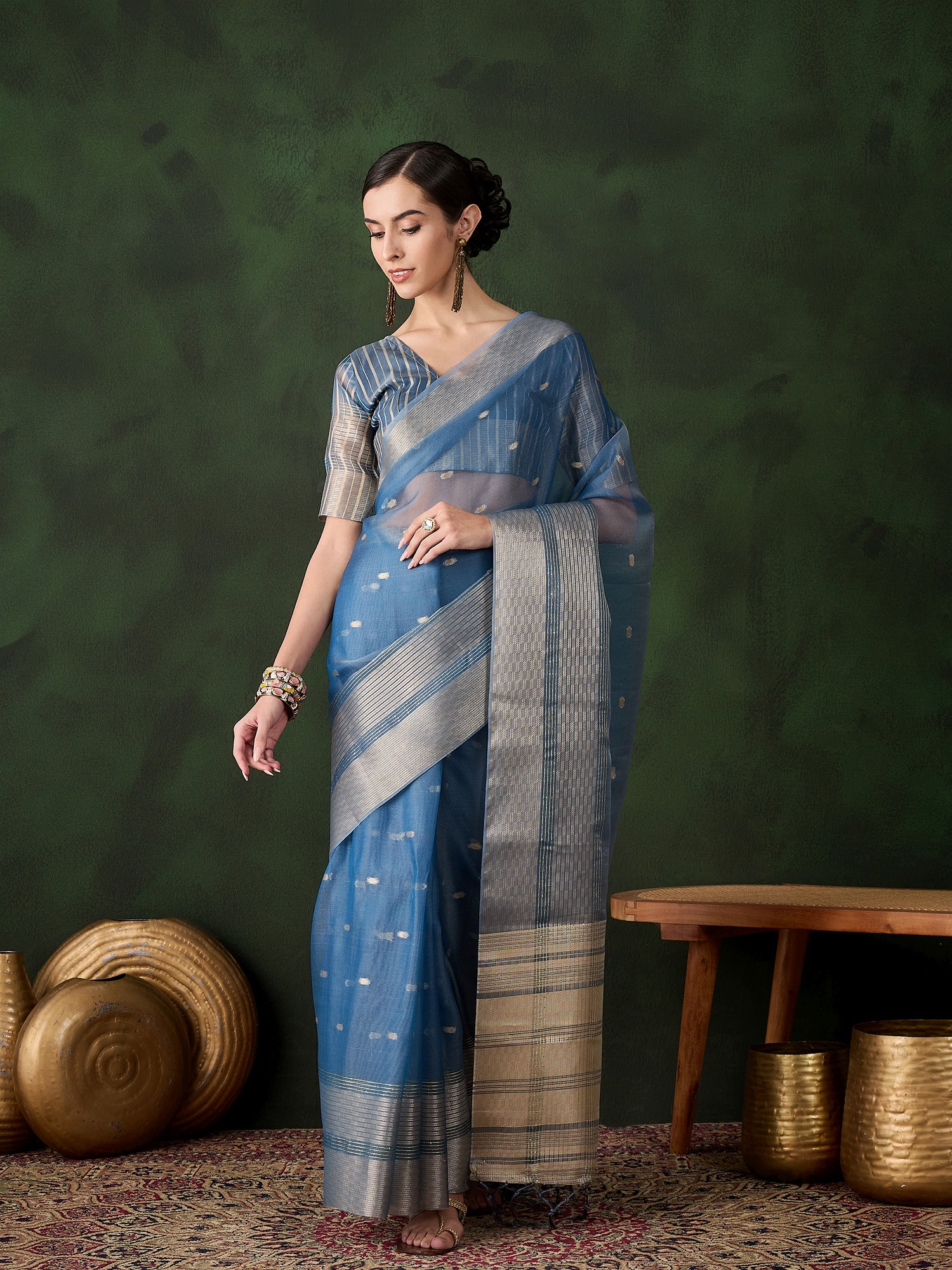 Teal Khadi Organza Ethnic Woven Designer Saree For Festive Looks