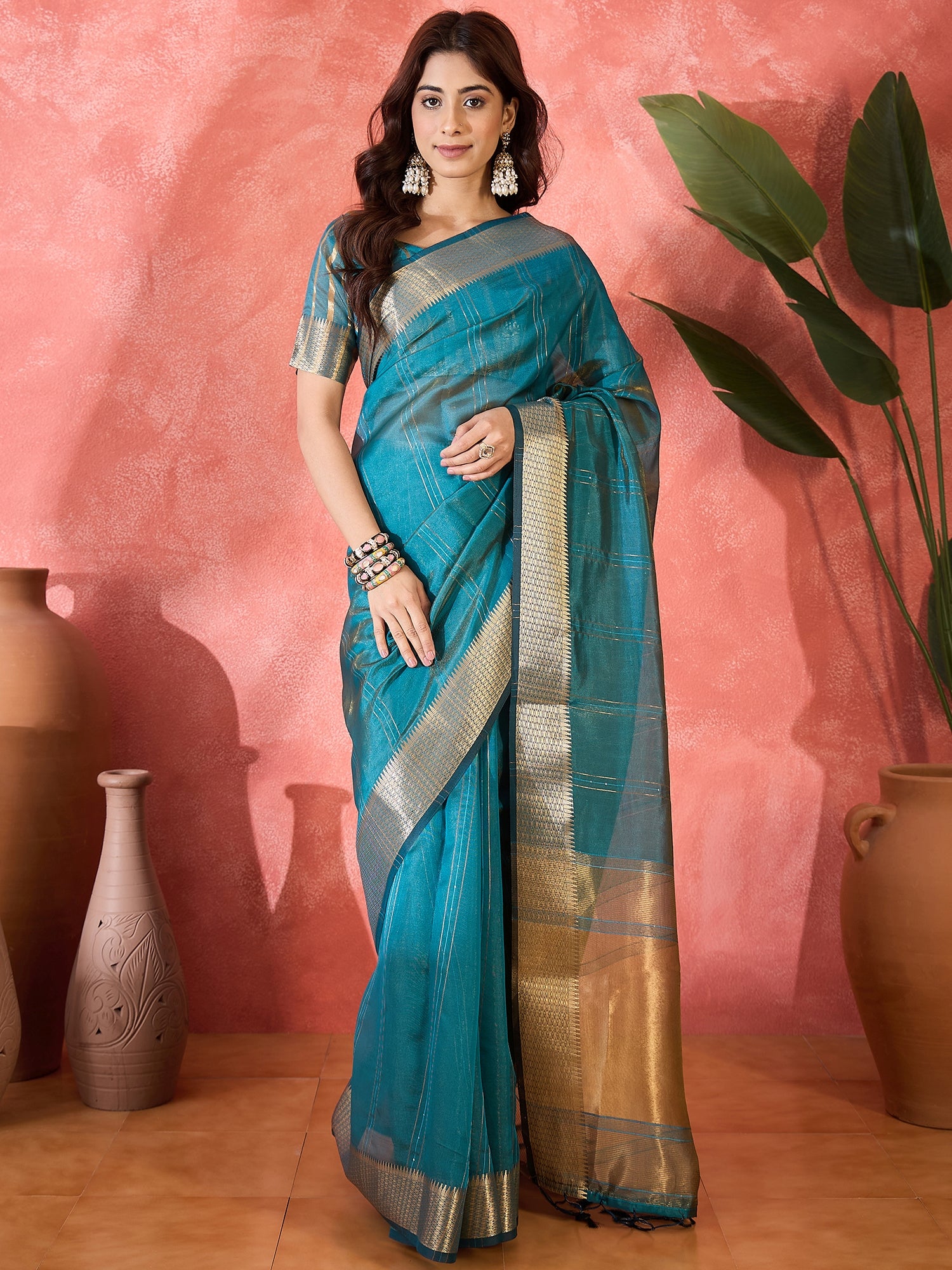 Teal Khadi Organza Woven Jacquard Designer Ethnic Partywear Saree