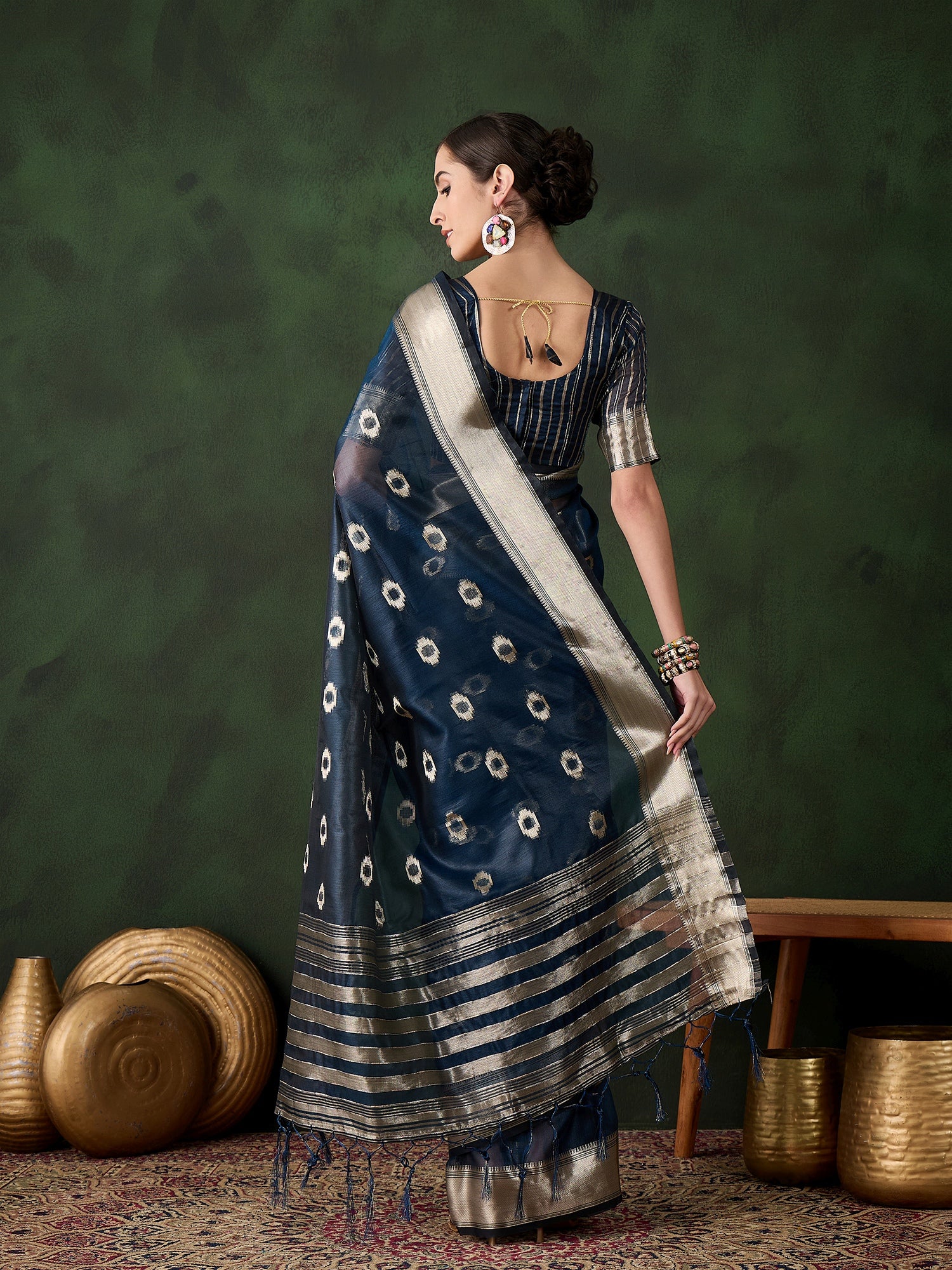 Teal Khadi Organza Woven Jacquard Designer Graceful Traditional Saree