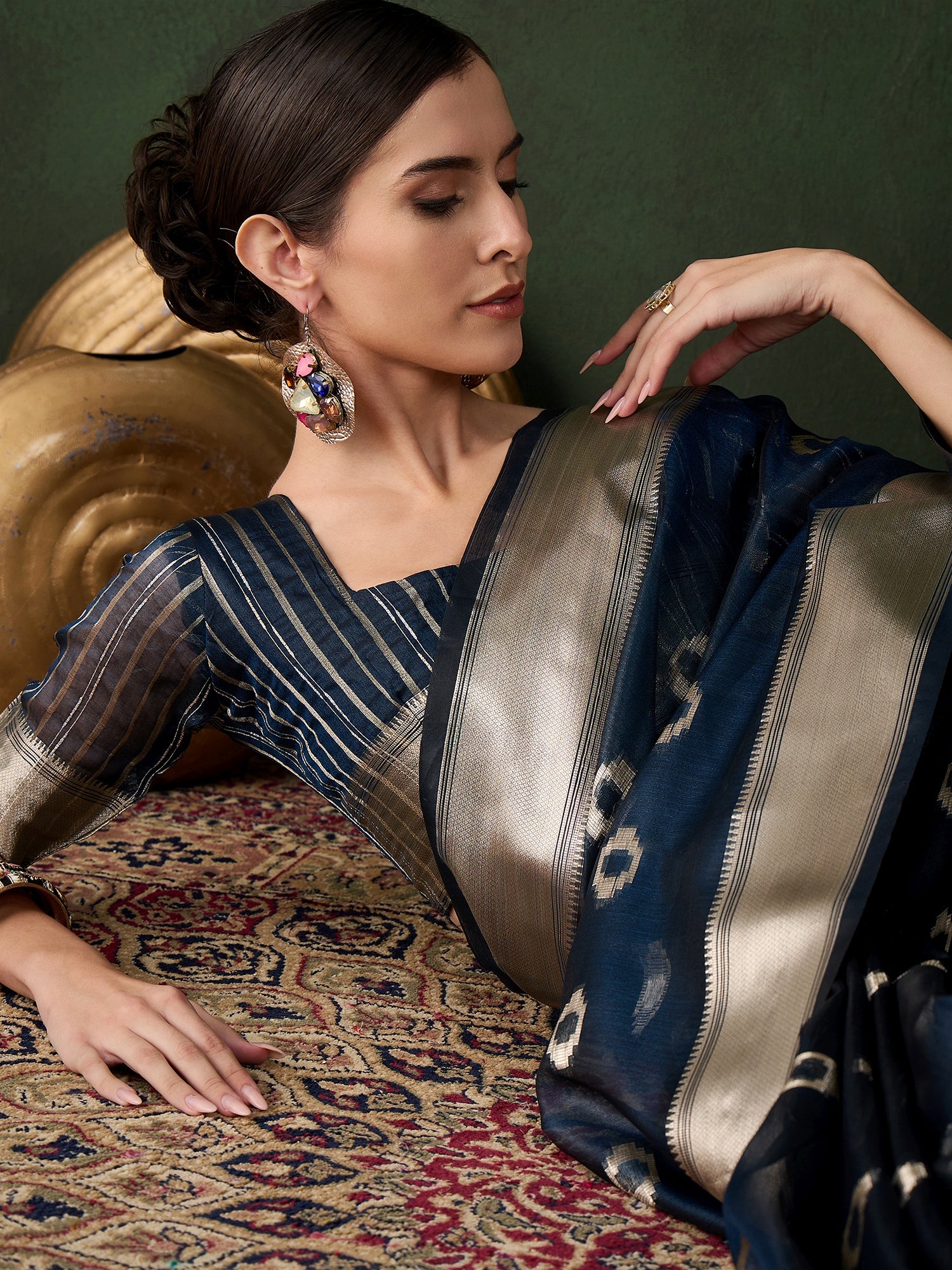 Teal Khadi Organza Woven Jacquard Designer Graceful Traditional Saree