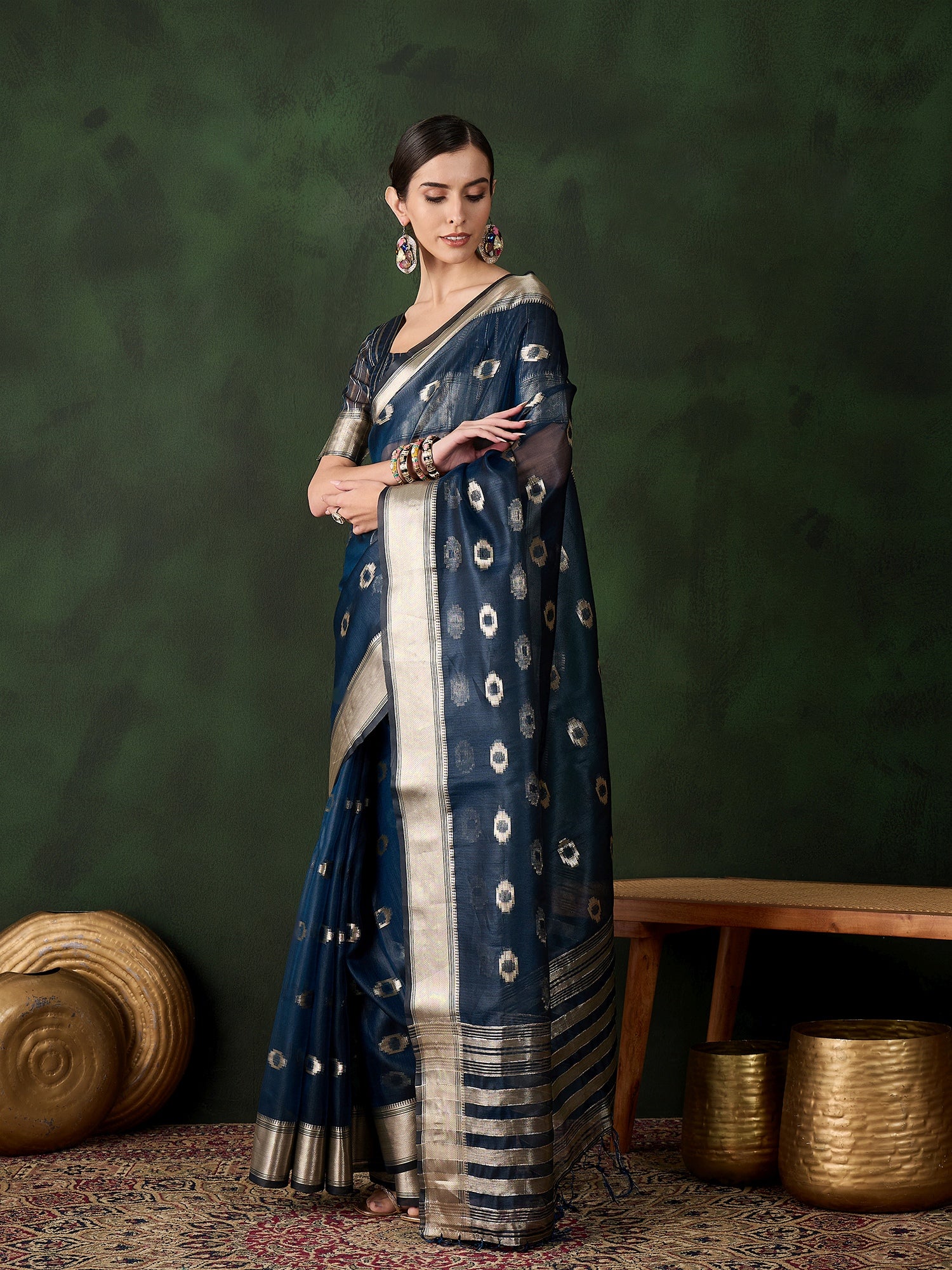 Teal Khadi Organza Woven Jacquard Designer Graceful Traditional Saree