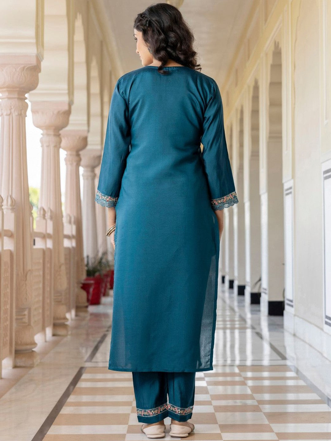 Teal Kurta Pant Set With Heavy Thread Embroidery Work With Printed Dupatta