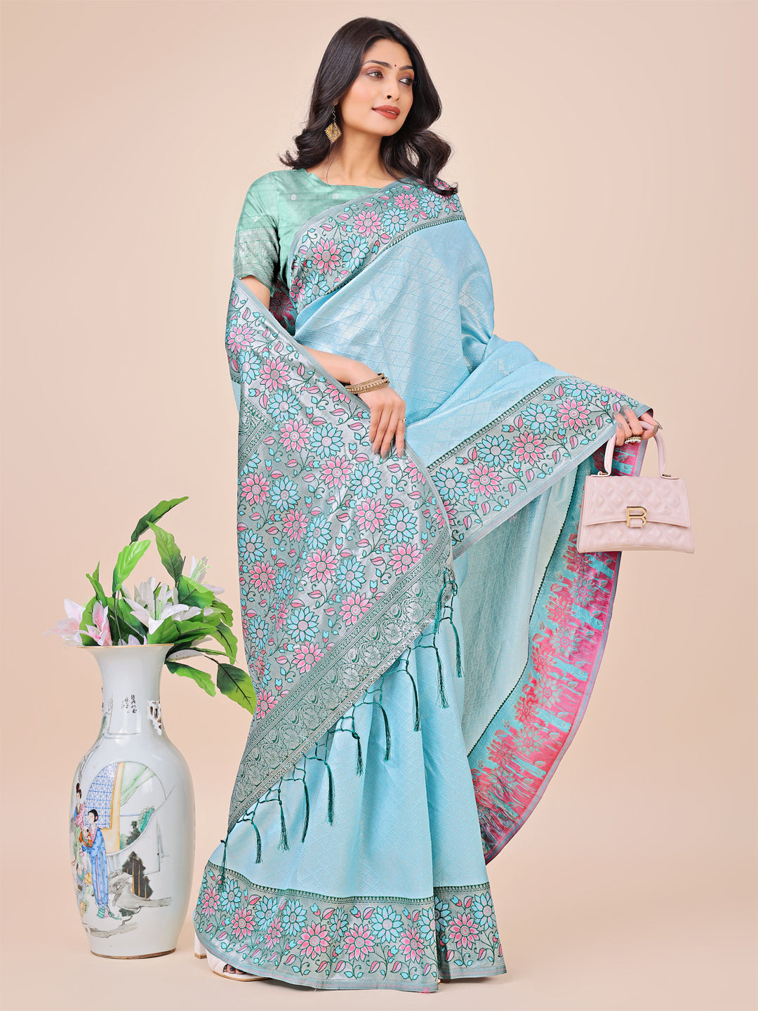 Teal Lichi Silk Woven Designer Partywear Saree