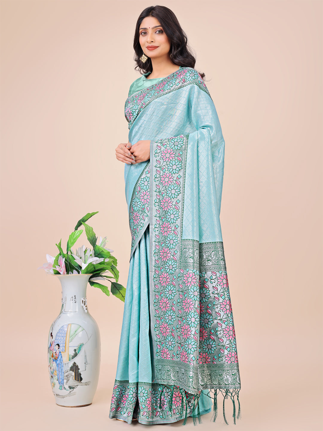 Teal Lichi Silk Woven Designer Partywear Saree