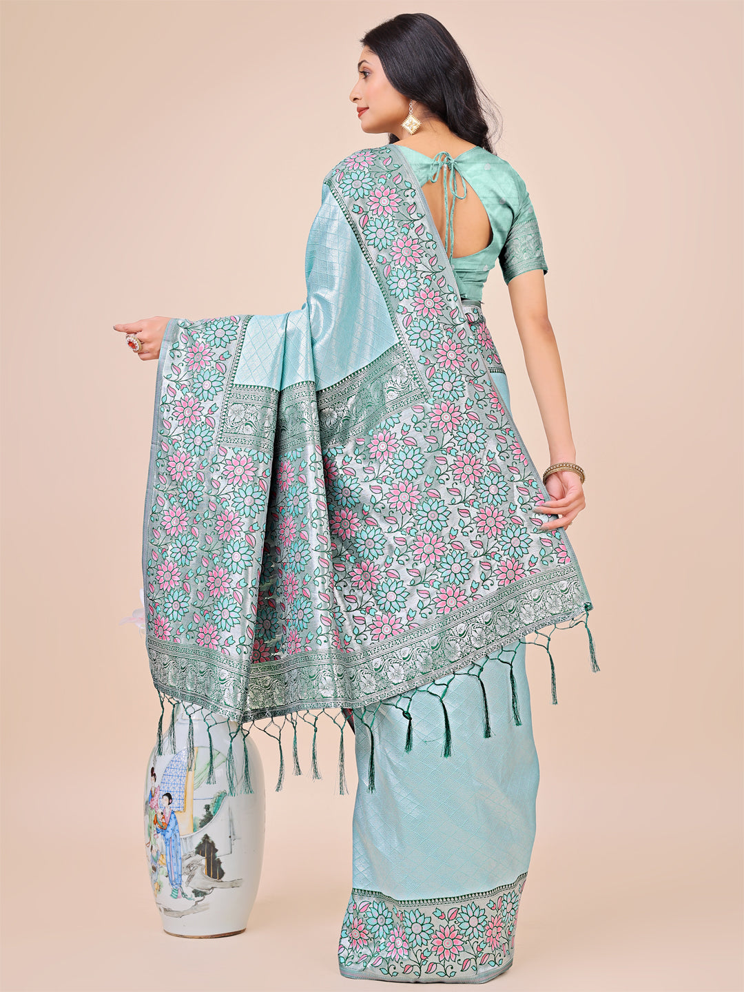 Teal Lichi Silk Woven Designer Partywear Saree