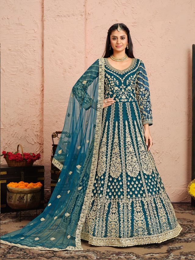 Teal Net Heavy Thread Embroidery And Zari Work Anarkali Suits