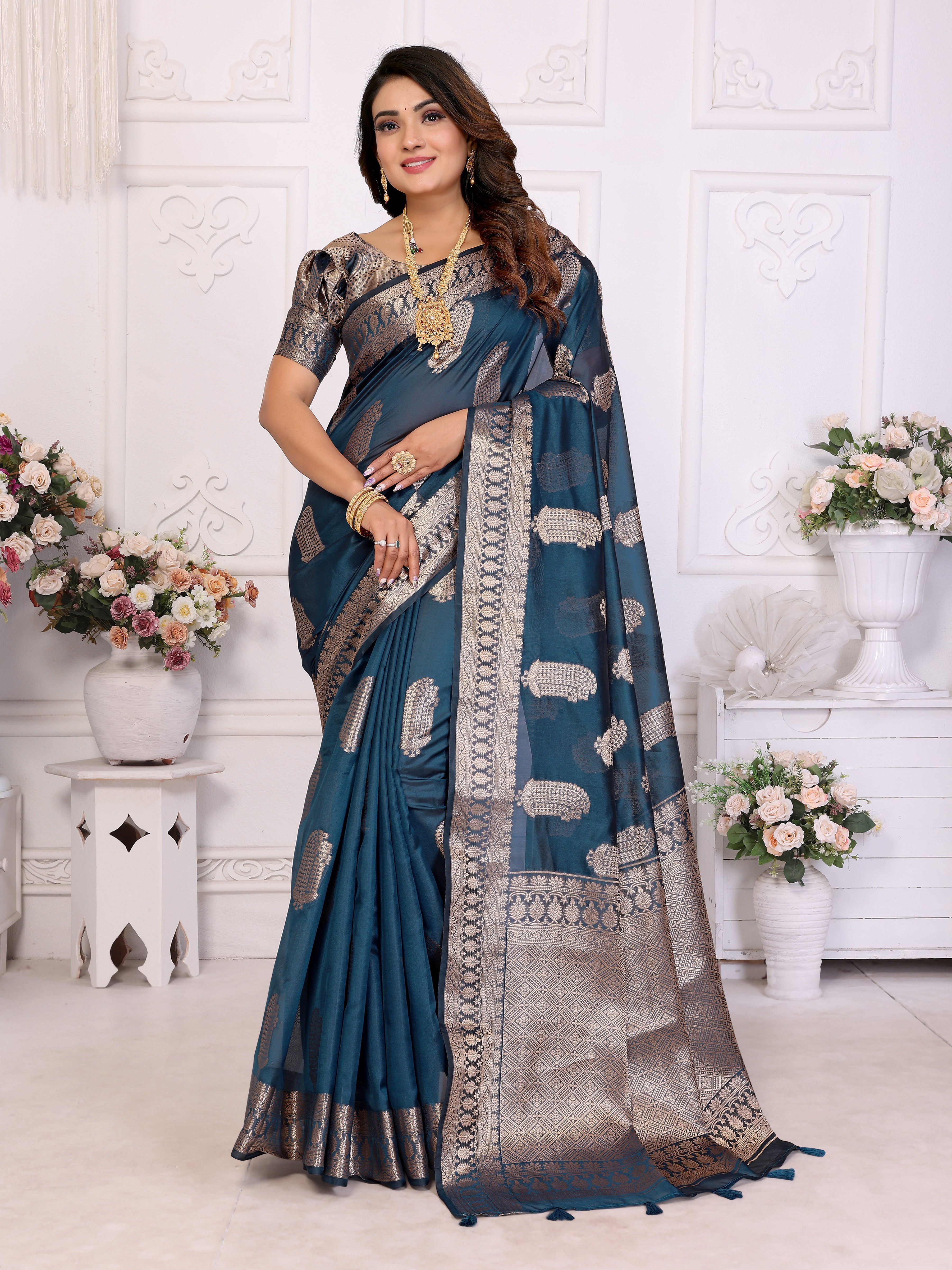 Teal Organza Gold Zari Designer Beautiful Festive Saree