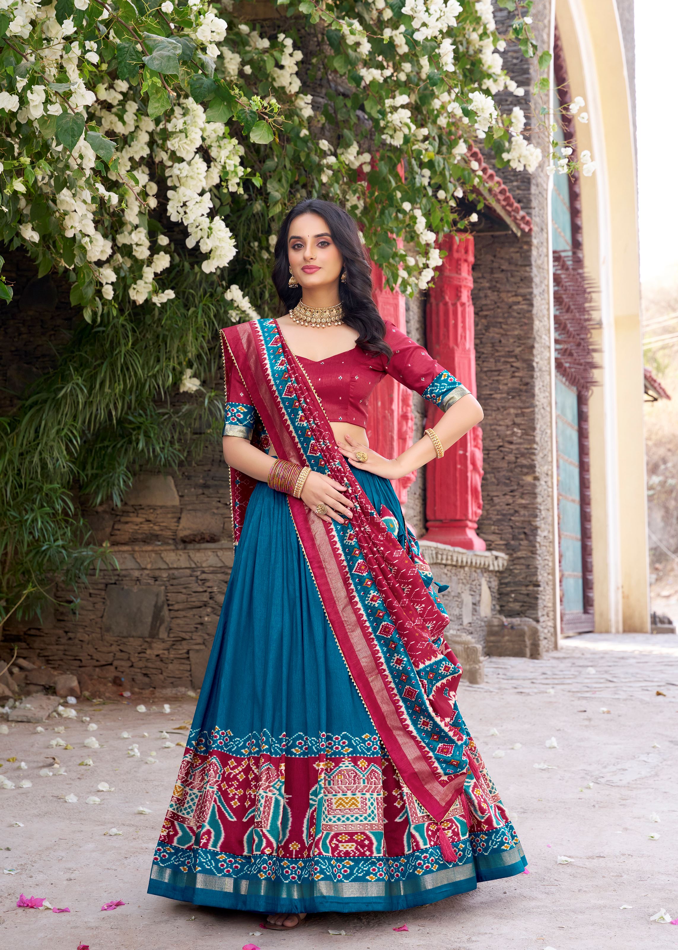 Teal Perfection Patola Printed Tussar Silk Lehenga with Foil Highlights